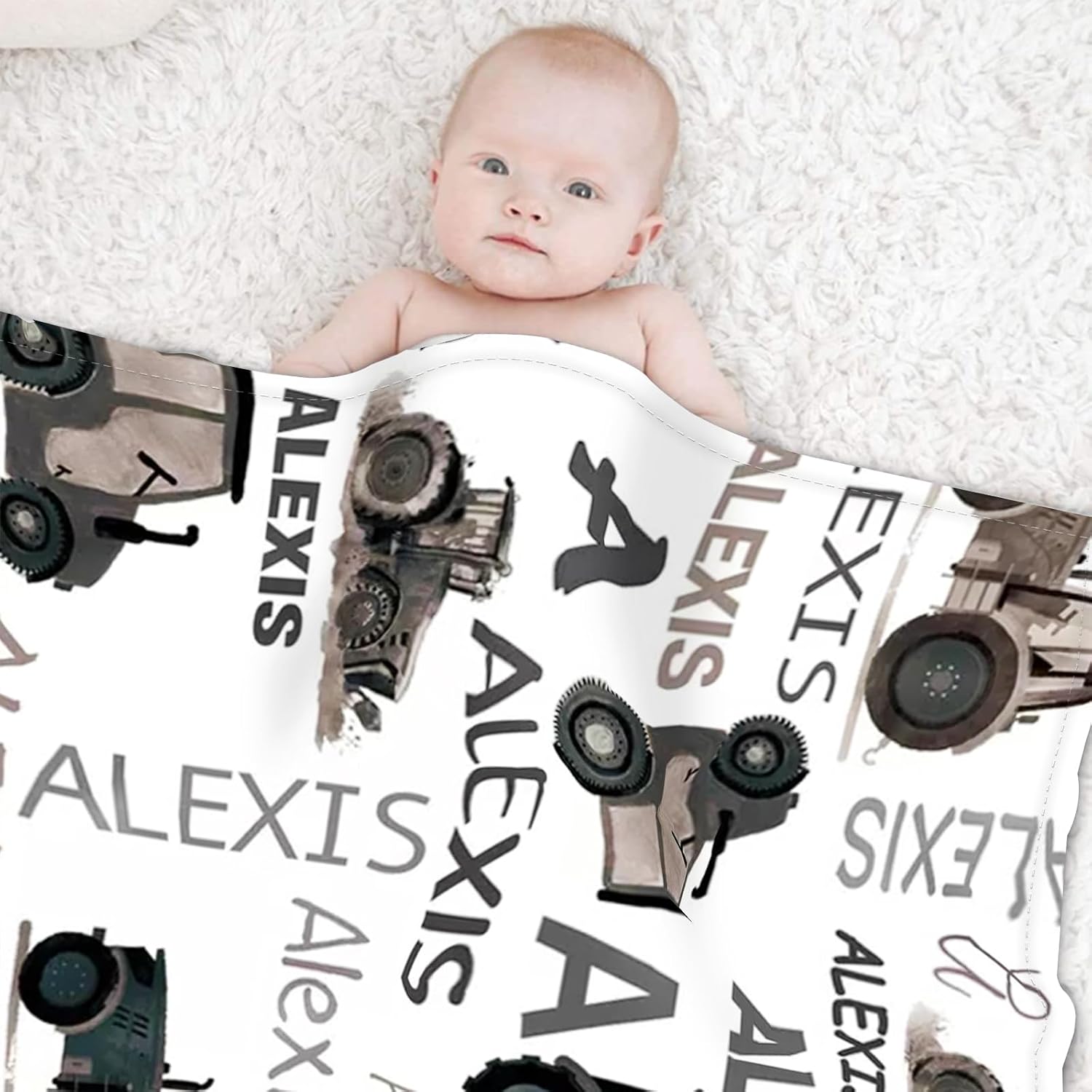 Personalized Tractors Blanket - Custom Name with Farm Tractor Trucks Design - Soft Plush Flannel Bed Blanket for Baby Kid Teen Boys Girls Customized Gifts White & Grey