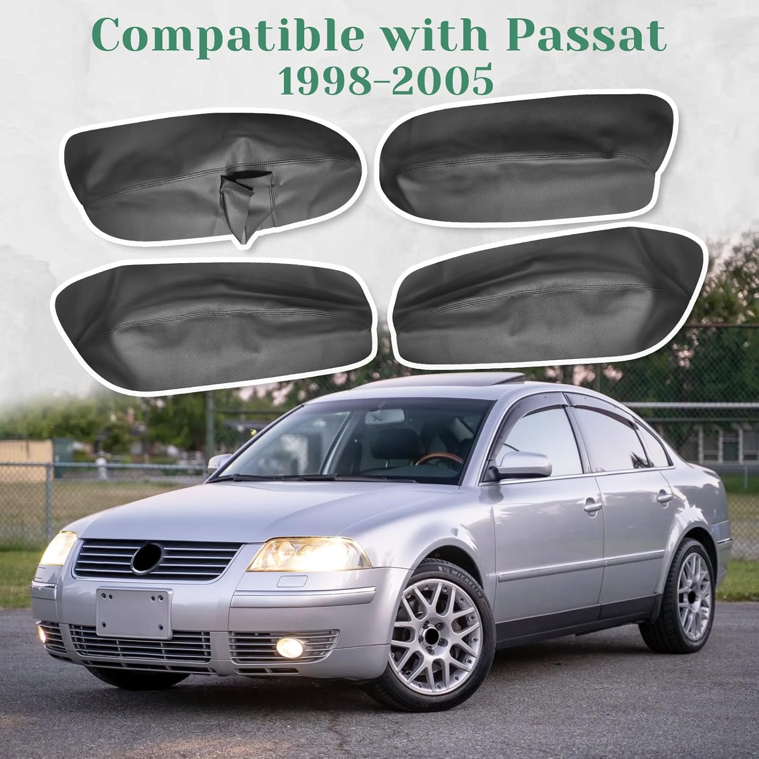 4PCS Door Panel Armrest Cover Compatible with Volkswagen Passat B5 1998 1999 2000 2001 2002 2003 2004 2005 Front and Back Vinyl Leather Insert Cards Protector Trim Black (Only Leather Part)