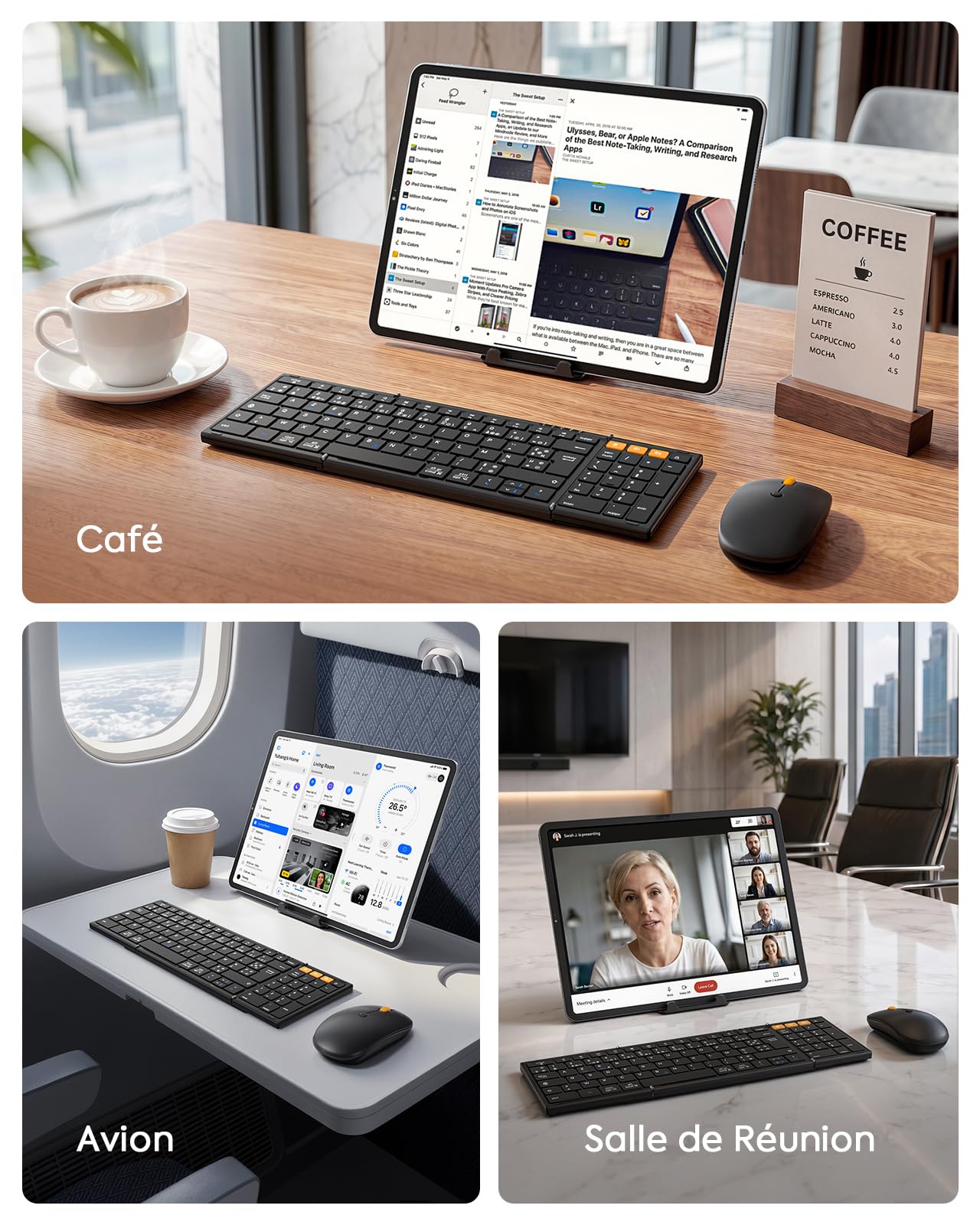 MoKo Clavier Souris sans Fil Pliable, AZERTY Clavier Bluetooth Portable | 2.4G+Dual BT5.0, avec Pavé Numérique, Recharge via USB-C, Coque de transport, pour Affaires et Voyages, pour Tablette iPad PC