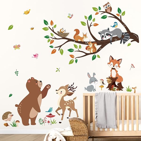 decalmile Stickers Muraux Animaux Forêt Arbre Branche Autocollant Mural Ours Renard Cerf Décoration Murale Bébé Pépinière Chambre Enfants - 2