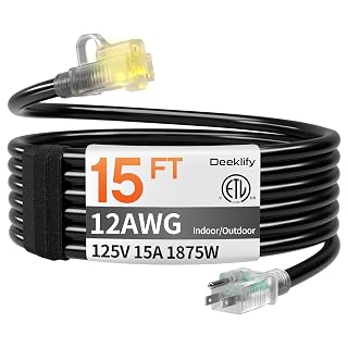 12AWG 15 FT Heavy Duty Outdoor Extension Cord Waterproof with Lighted End,Black 12 Gauge Extension Cord Flexible and Cold Resistant 3 Prong Grounded Plug,15Amp 1875W SJTW ETL Listed - Amazon product rated Grade A
