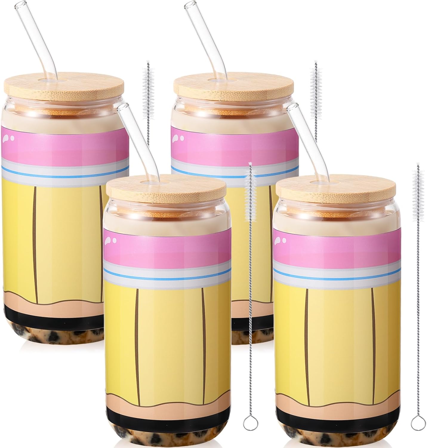 Baderke 4 Sets Teacher Gifts Glass Cups 16 oz Drinking Tumbler with Lids and Straws Coffee Cups Bulk End of the Year Thank You Gifts for Women (Yellow,Pencil)