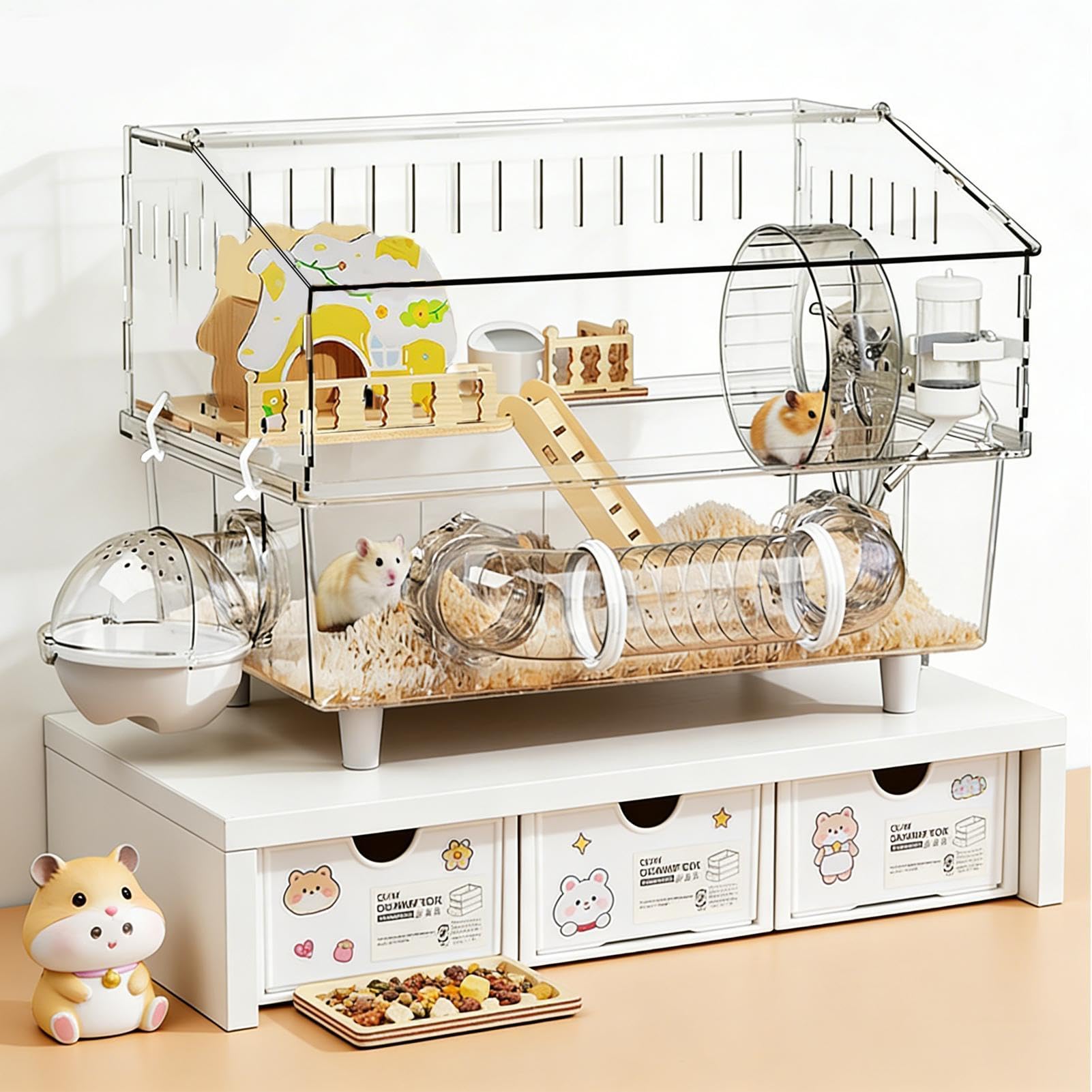 Jaula para Hámster Hábitat Transparente de 2 Pisos para Mascotas | Jaula para Hámster Observación de Mascotas en Casa, Interior y Exterior