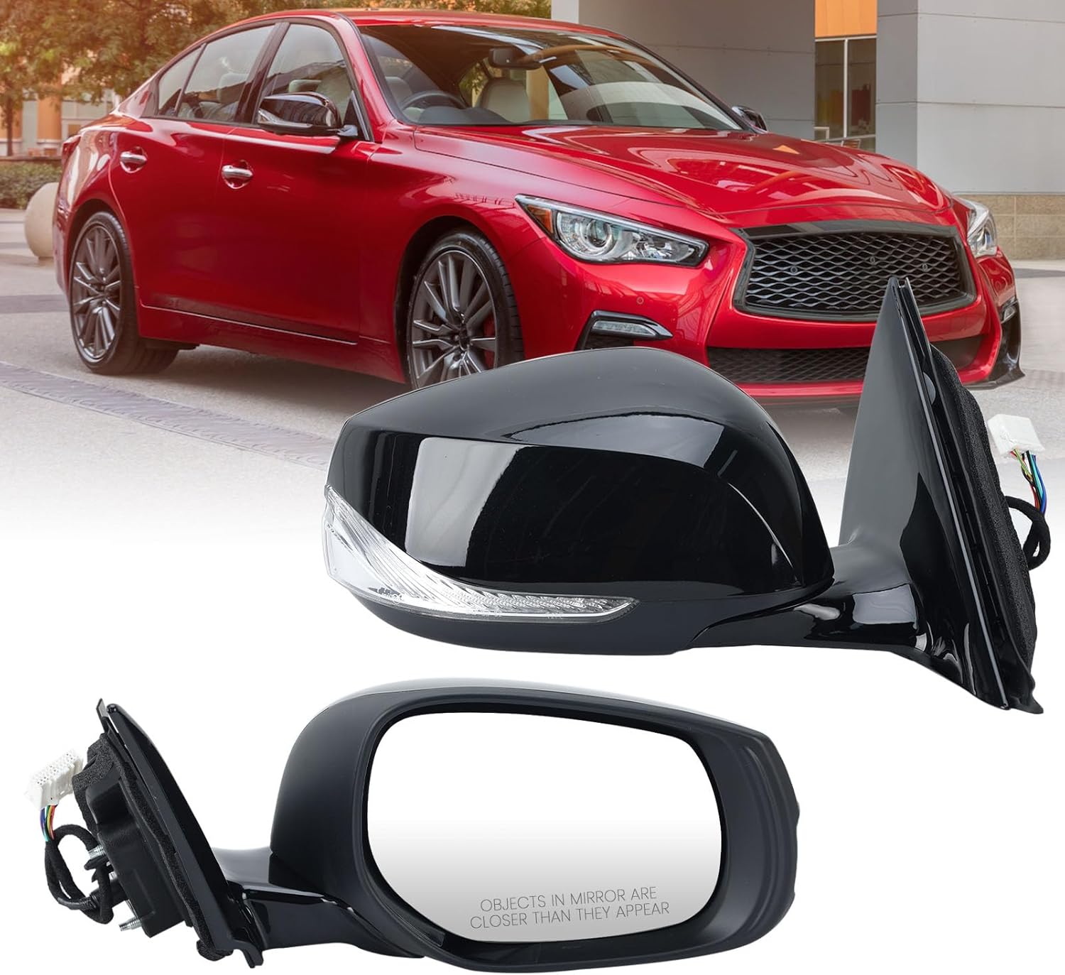 Right Passenger Side Mirror Compatible with Infiniti Q50 2014-2021 Heated Power Glass Manual Folding Turn Signal Indicator 7 Pins Replace IN1321129 | 963014HB0A (Glossy Black)