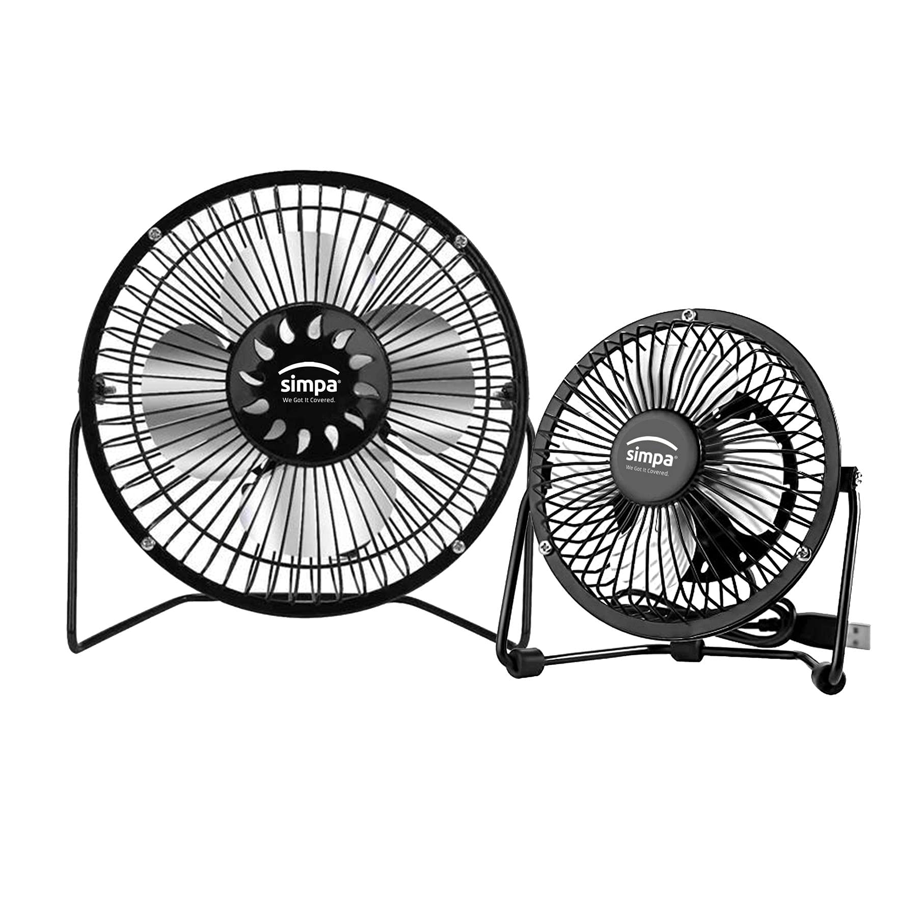 Single Speed Black Portable USB Desk Fans - 4" & 6" Duo Set - Tilt Adjustable Head, Quiet 2.5W Operation with 1.2m Cord Length - Suitable for Home or Office Use.
