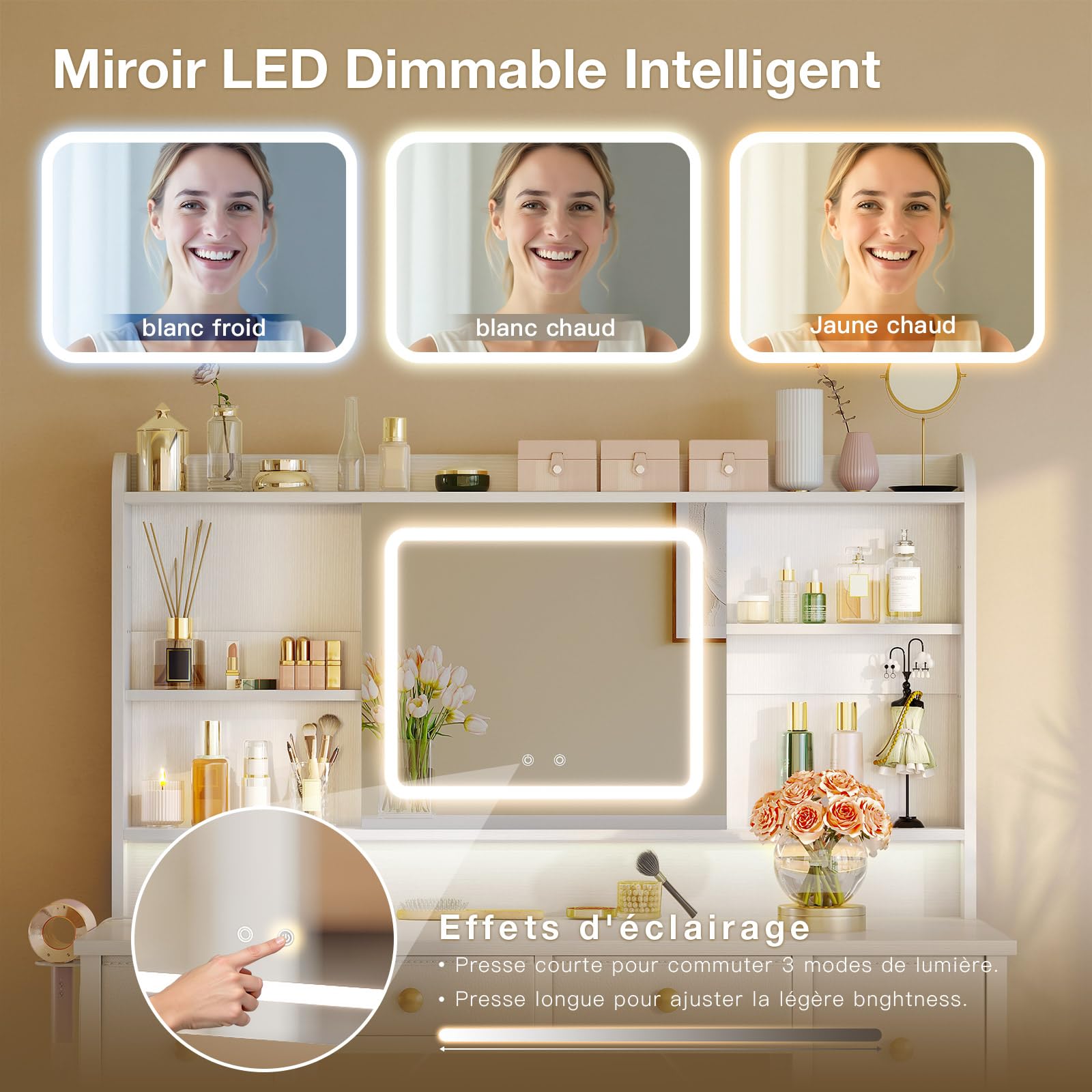 ODK Coiffeuse avec Miroir LED Mobile, 110×40×137cm Table de Toilette avec Prises USB intégrées & Bande Lumineuse RGB, Table de Maquillage avec 8 tiroirs, Bureau de Maquillage Blanc