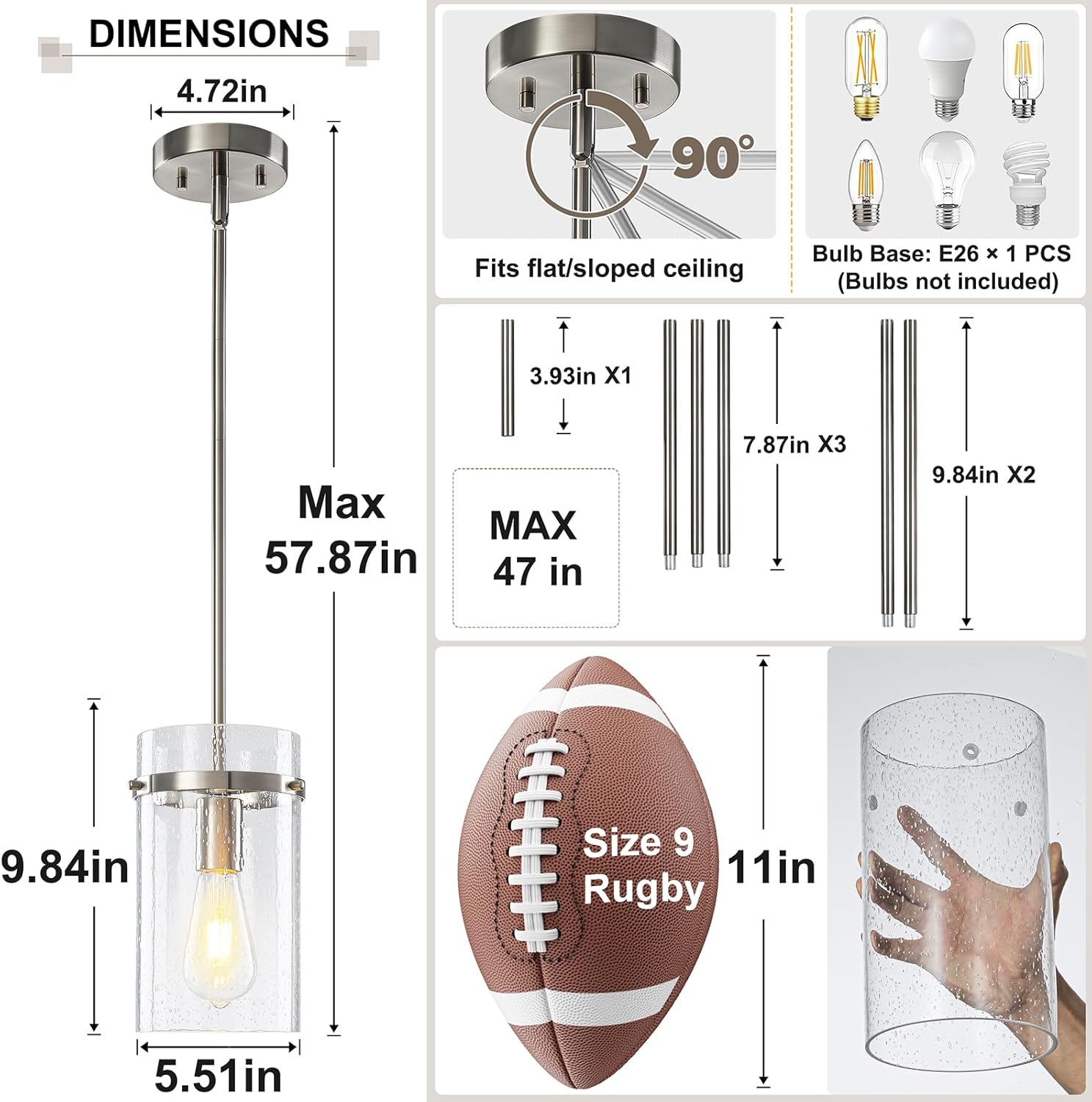 1 Pack Seeded Glass Pendant Lights Kitchen Island, Hanging Modern Pendant Light Fixtures, 5.5" Brushed Nickel Pendant Lighting Island Lights for Kitchen Over Sink Entryway Hallway