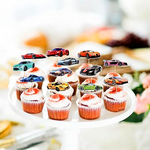 Vista 2 de 36 piezas de adornos para cupcakes de autos de carreras, decoración para fiesta de autos, suministros para cumpleaños, los suministros para fiestas