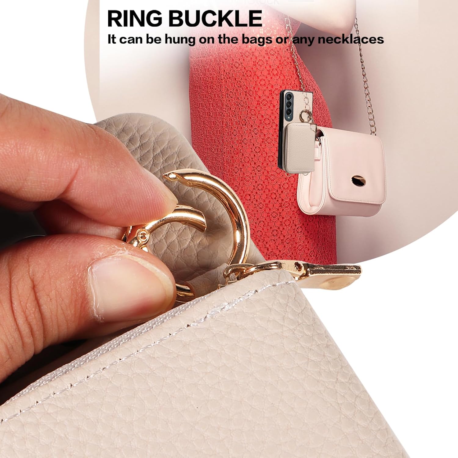 Wallet Case for Samsung Galaxy Z Fold 3 5G 2021 & Shoulder Strap Ring Buckle, Luxury PU Leather Zipper Flip Organ Purse, Card Holder Stand Cell Phone Cover for ZFold3 Z3 Fold3 3Z ZFold35G White