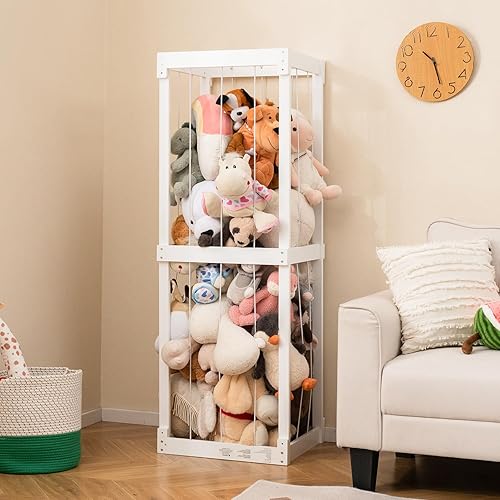 Miniatura 9 de Costzon Almacenamiento de animales de peluche extra grande, organizador de animales de madera con cordones elásticos, organizador de almacenamiento