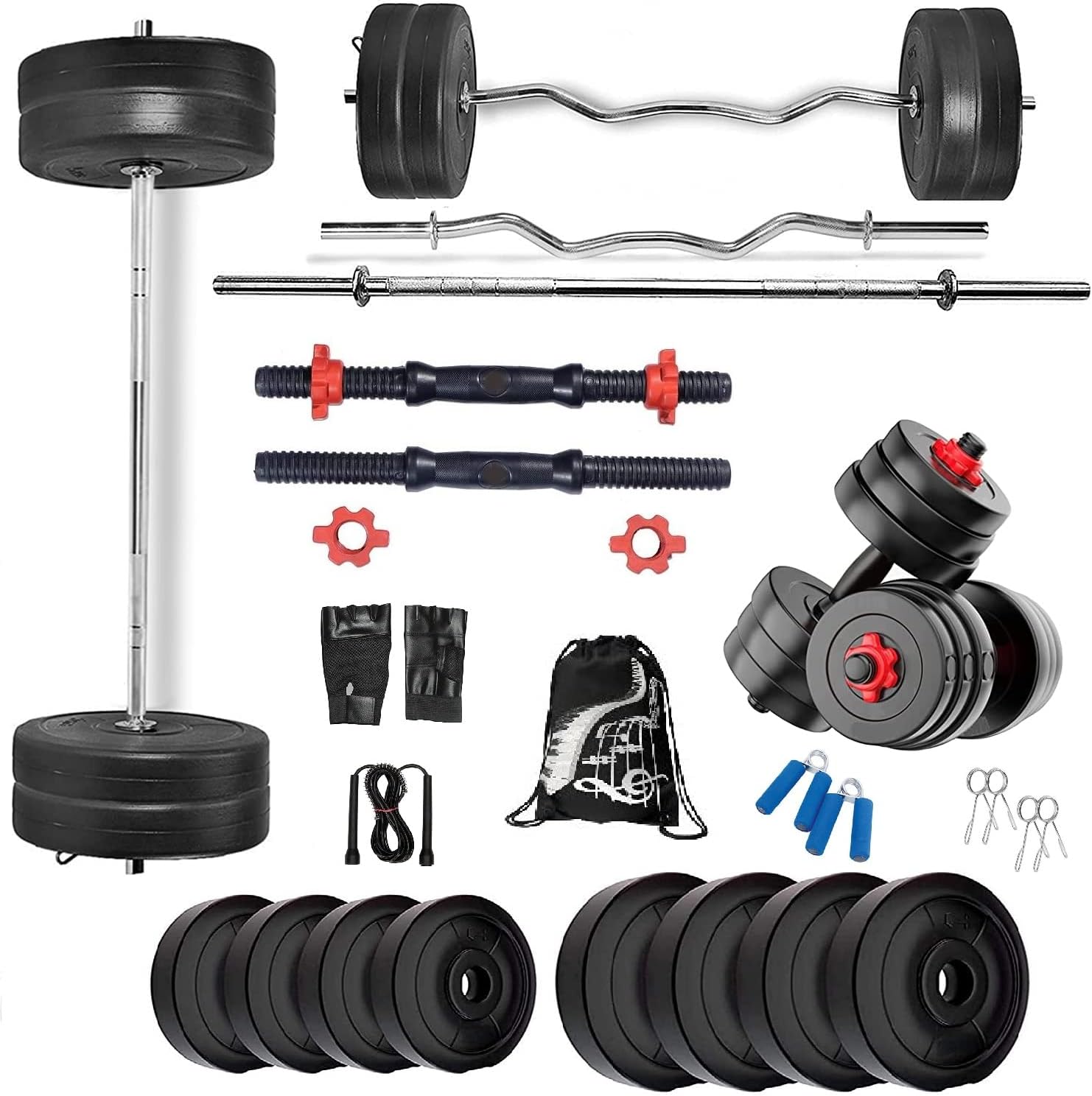 BODYFIT Home Gym Set, 8Kg to100Kg Weight Plates, 3ft Curl, 5Ft Straight Rod + One Pair New Dumbbell Rods, Exercise Set, Home Gym Set Kit. (100Kg Gym Set)