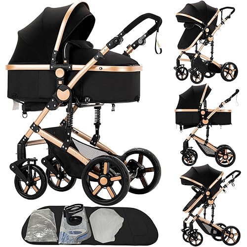2 in 1 Baby Stroller Reversible Portable Standard Baby Stroller Convertible Pushchair Infant Buggy Baby Carriage Foldable High Landscape Pram for Toddler Newborn (2US588-BG 2 in 1)