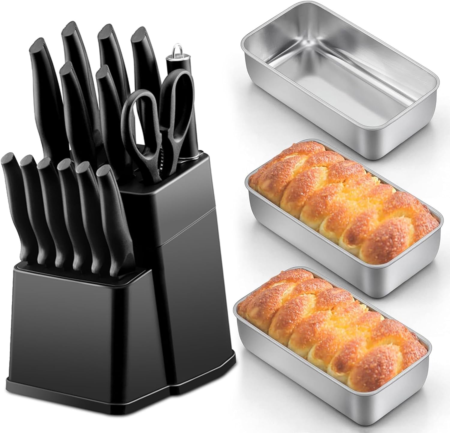 LIANYU 8 Pack 9x5 Bread Loaf Pans and 15 PCS Kitchen Knife Set with Block, Stainless Steel Bread Baking Pan and Knife Block Set with Bread Knife and Sharpener, Rust Resistant & Easy Cleaning