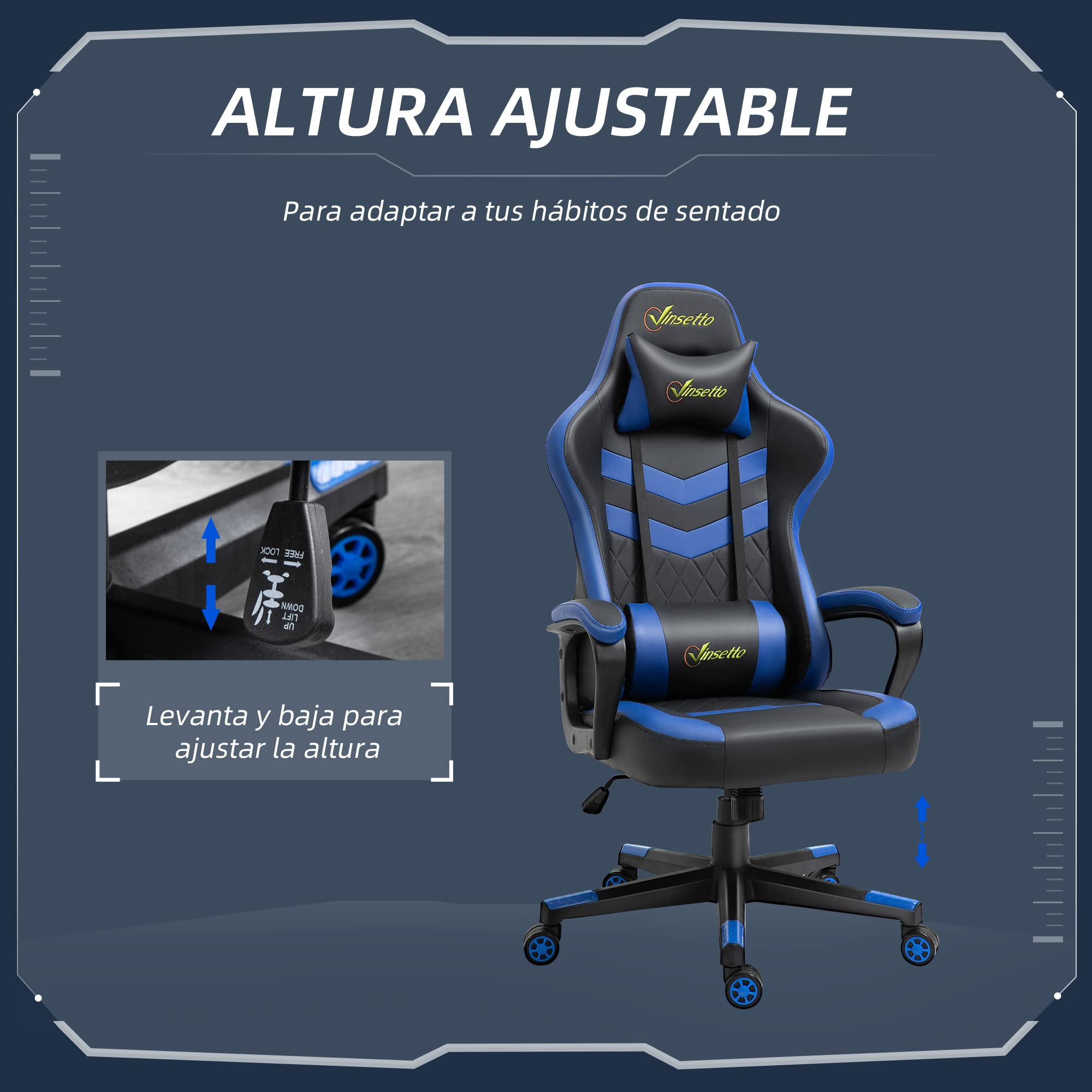 Vinsetto Silla Gaming Basculante Silla Gamer Altura Regulable con Reposacabezas y Cojín Lumbar para Salón Dormitorio Carga 120 kg 61x70x121-129 cm Azul