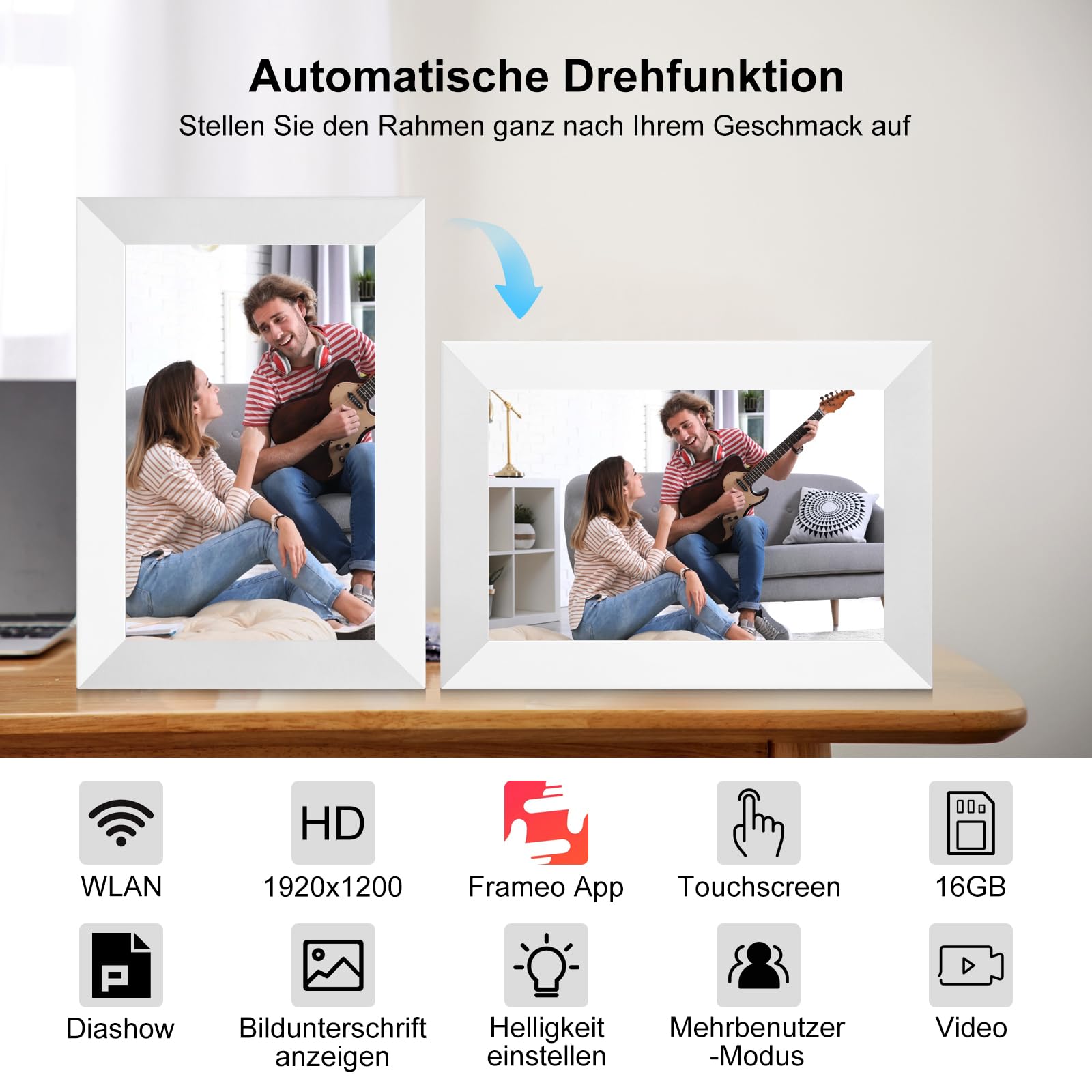 Cadre photo numérique Wi-Fi 10,1" 1280 x 800 IPS, mémoire 16 Go, fonction Smart Cloud, noir