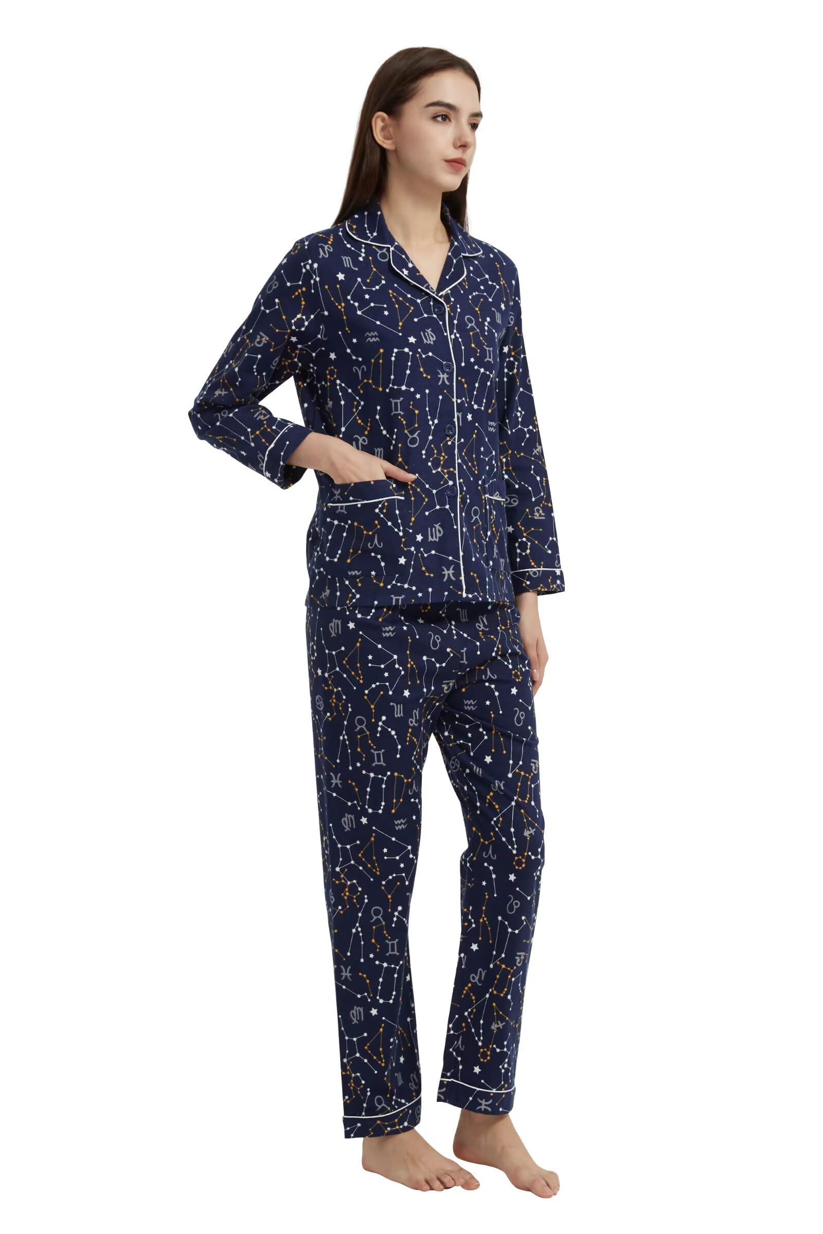 GLOBAL Women's Flannel Pajamas Set 100% Cotton PJs for Women Long Sleeve Button Drawstring Waist Warm Loungewear Sleepwear