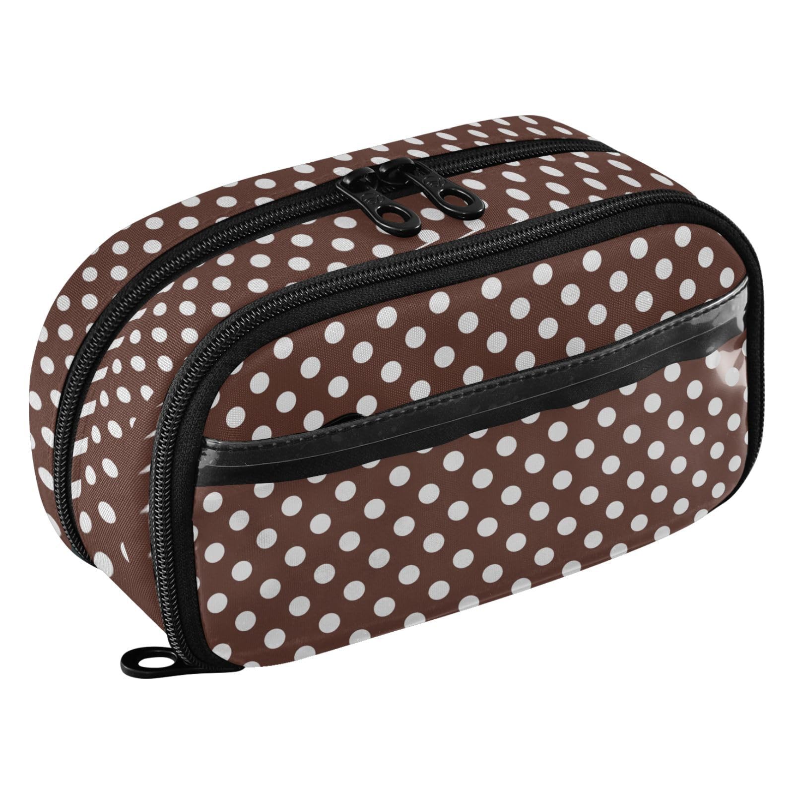 White Brown Polka Dot PVC Pencil Case, Clear Panels, School Office Travel