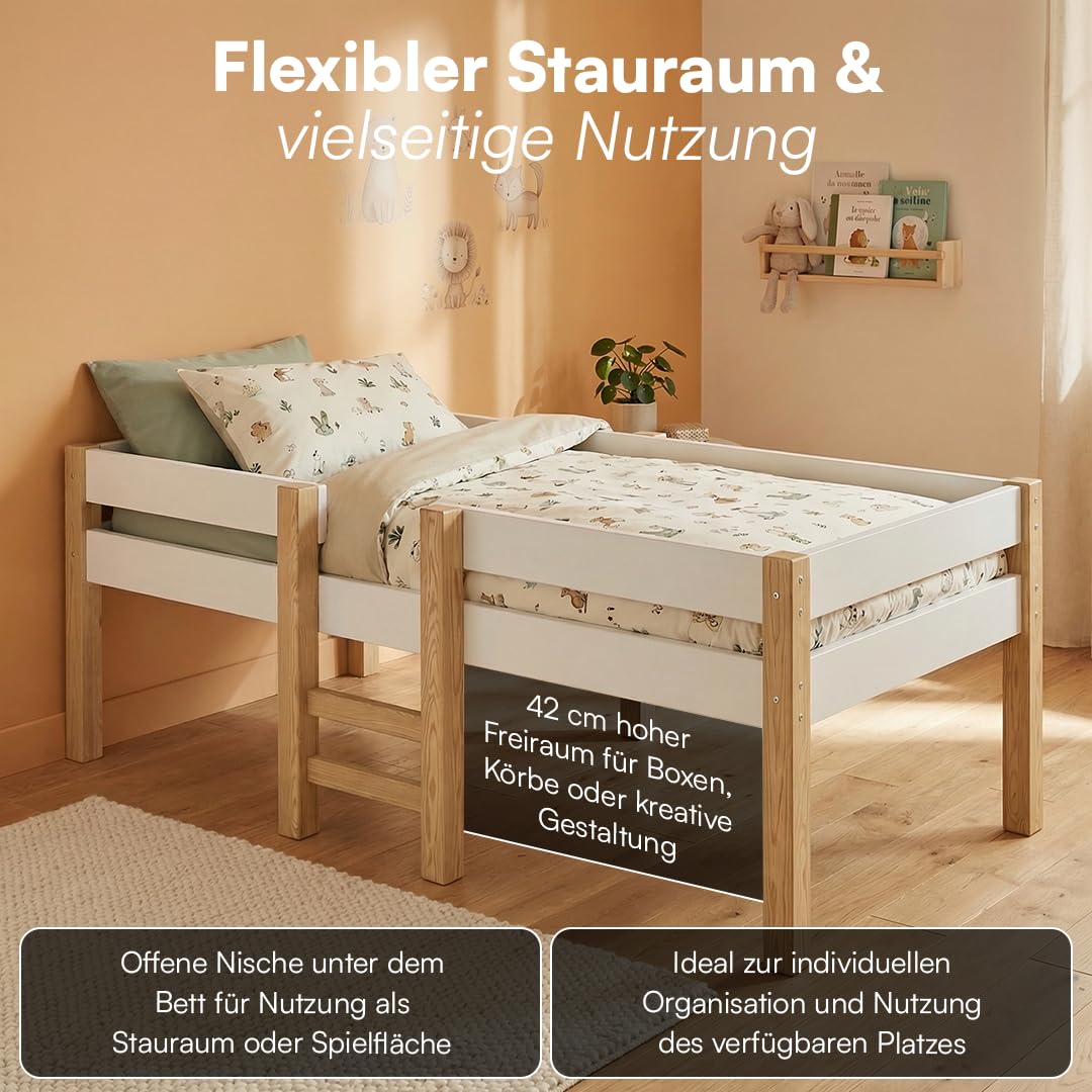 Bellabino Aspy Kinderbett 90x200 cm – Hochbett mit Rausfallschutz & Lattenrost – Halbhochbett mit Leiter aus Kiefer Massivholz in Weiß/Natur – Jugendbett für Jungen und Mädchen