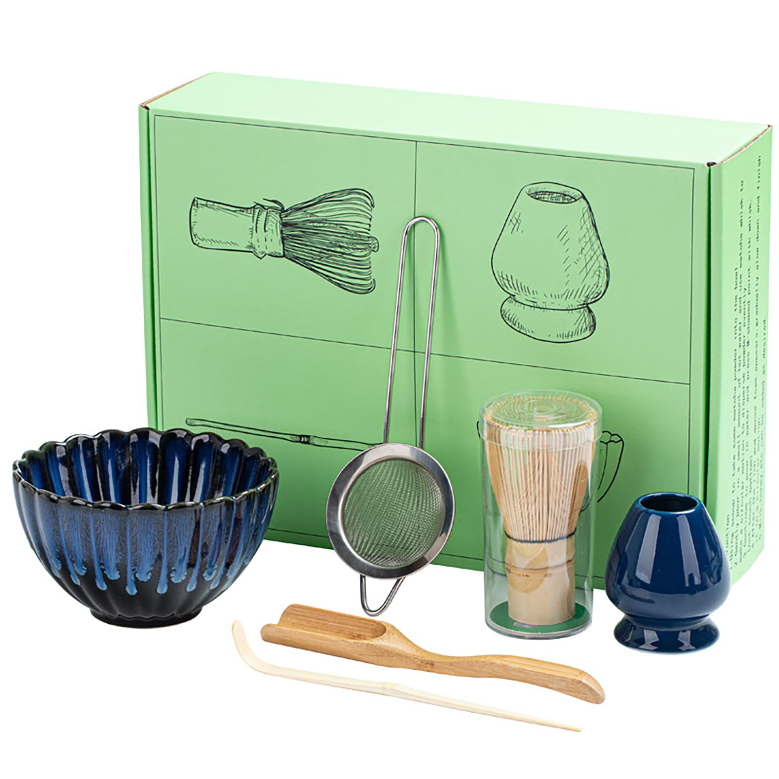 6Pcs/set matcha blender set bamboo tea brush teaspoon ceramic tea bowl tea stand matcha tool set dark blue