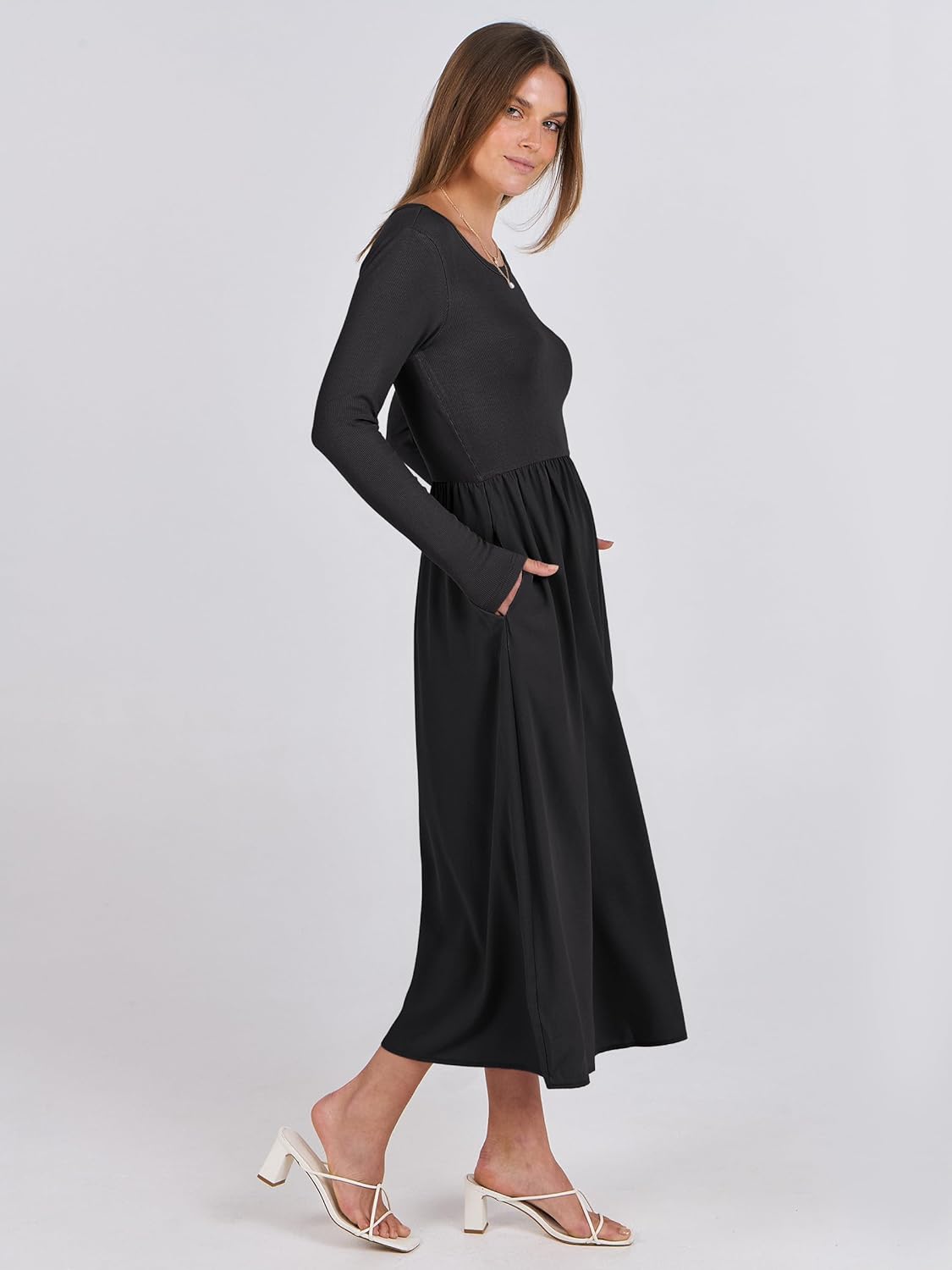 ANRABESS Long Sleeve Midi Dresses for Women 2025 Fall Fashion Casual Rib Knit Patchwork Tight Top Modest Flowy Dress Pocket - Image 3