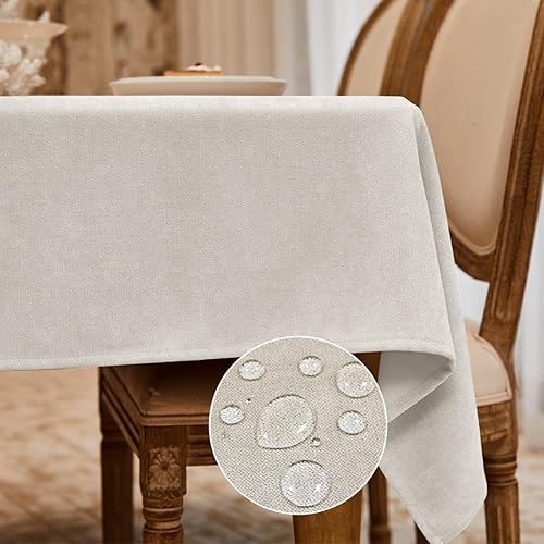 Vista 90 de Mantel rectangular de 57 x 118 pulgadas, lino sintético, sin arrugas e impermeable, color beige, rectangular, Navidad, Acción de Gracias, otoño