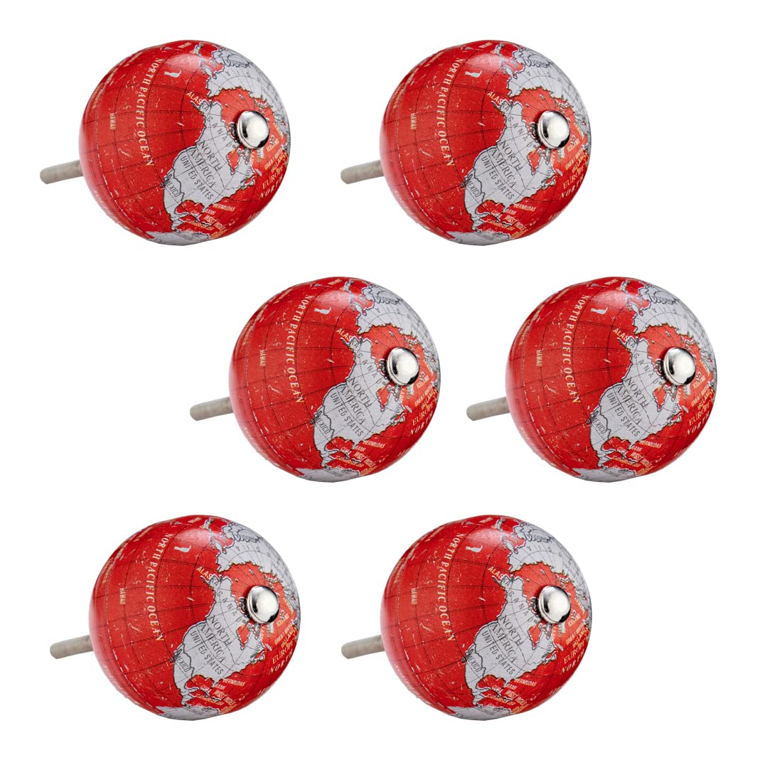 Pushka Home Set of 6 Red & Grey Globe World Map Aluminium Metal Cupboard Knobs 50mm Diameter. Suits Doors up to 21mm.