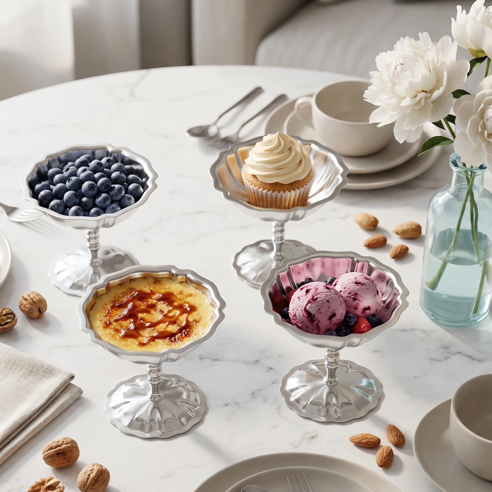 4 copas de postre con patas de flores, plateadas, multifunción, 304, de acero inoxidable, para yogur, fruta, ensalada, apetizers