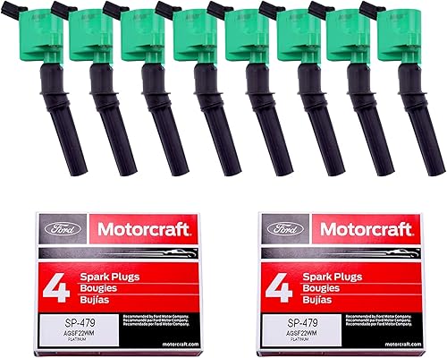 MAS Paquete de 8 bobinas de encendido verdes DG508 + 8 bujías OEM SP479 compatibles con Ford F150 F250 E150 E350 Expedition Excursion Econoline
