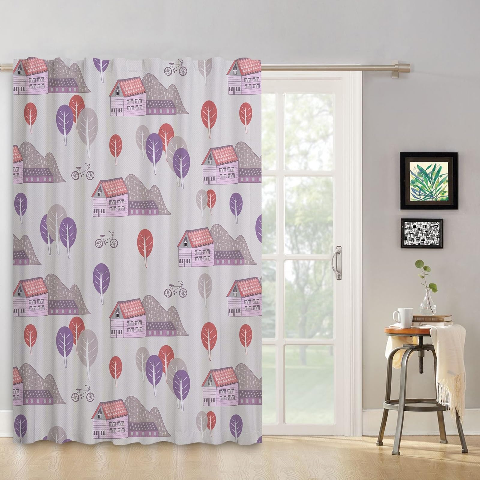 ggaimwf 52"x 84" Cartoon House Linen Look Curtain for kids Bedroom Pink Cabin Mountain Rustic Light Filtering Room Dividers Privacy Window Drapes for Boys Girls Nursery Living Room,1-Single Panel - Image 3