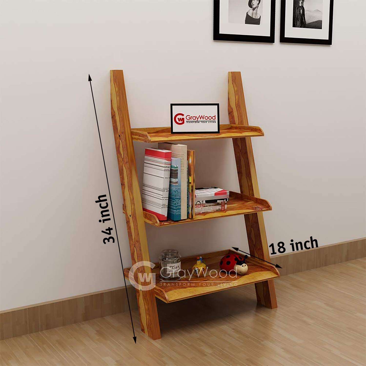 RjKart Furniture Sheesham Wood Bookcase Ladder Shelf & Room Organiser