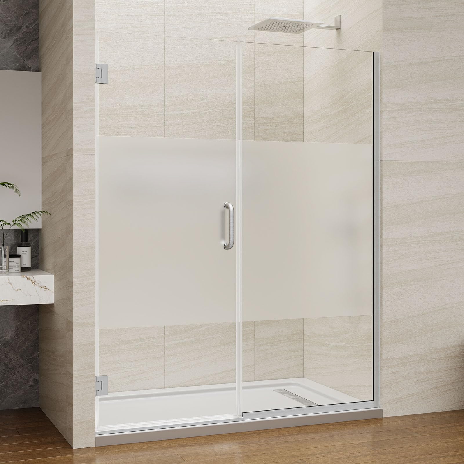 Pivot Swing Shower Door, Adjustable Width 58.9-60" W x 74" H Semi-Frameless Shower Glass Door with 5/16 in Clear SGCC Middle Frosted Tempered Glass with Nano Easy-Clean Coating (Brushed Silver)