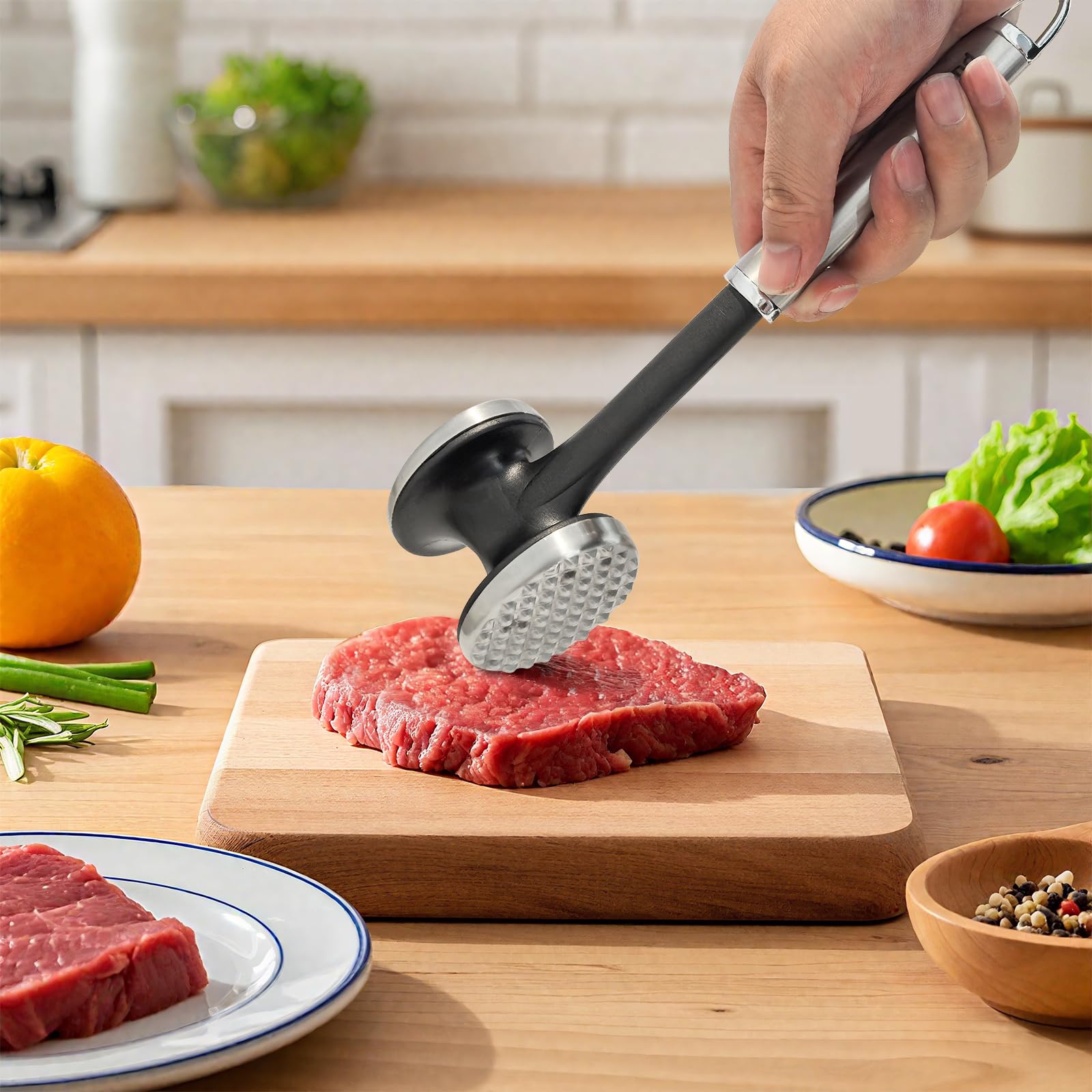 Stainless Steel Meat Tenderizer HIFIND Dual-Sided Hammer For Kitchen Mallet Non-Slip Grip Tenderizer for Steak, Beef, and Fish Kitchen Cooking Tool Dishwasher Safe (Brushed Polished Head)