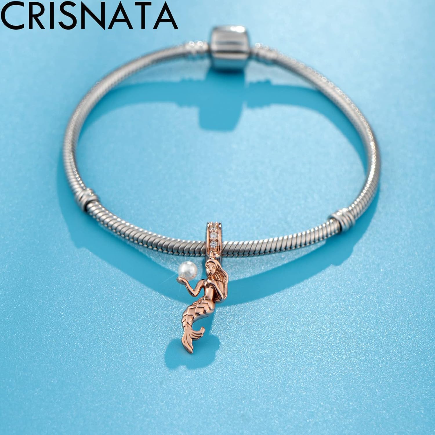 Ocean Series Charm-925 Sterling Silver Rose Gold/Silver Mermaid Ariel and Blue CZ Shell Beads, fits European Sea Charms Bracelet, Gifts for Daughter/Sister/Friends/Mother