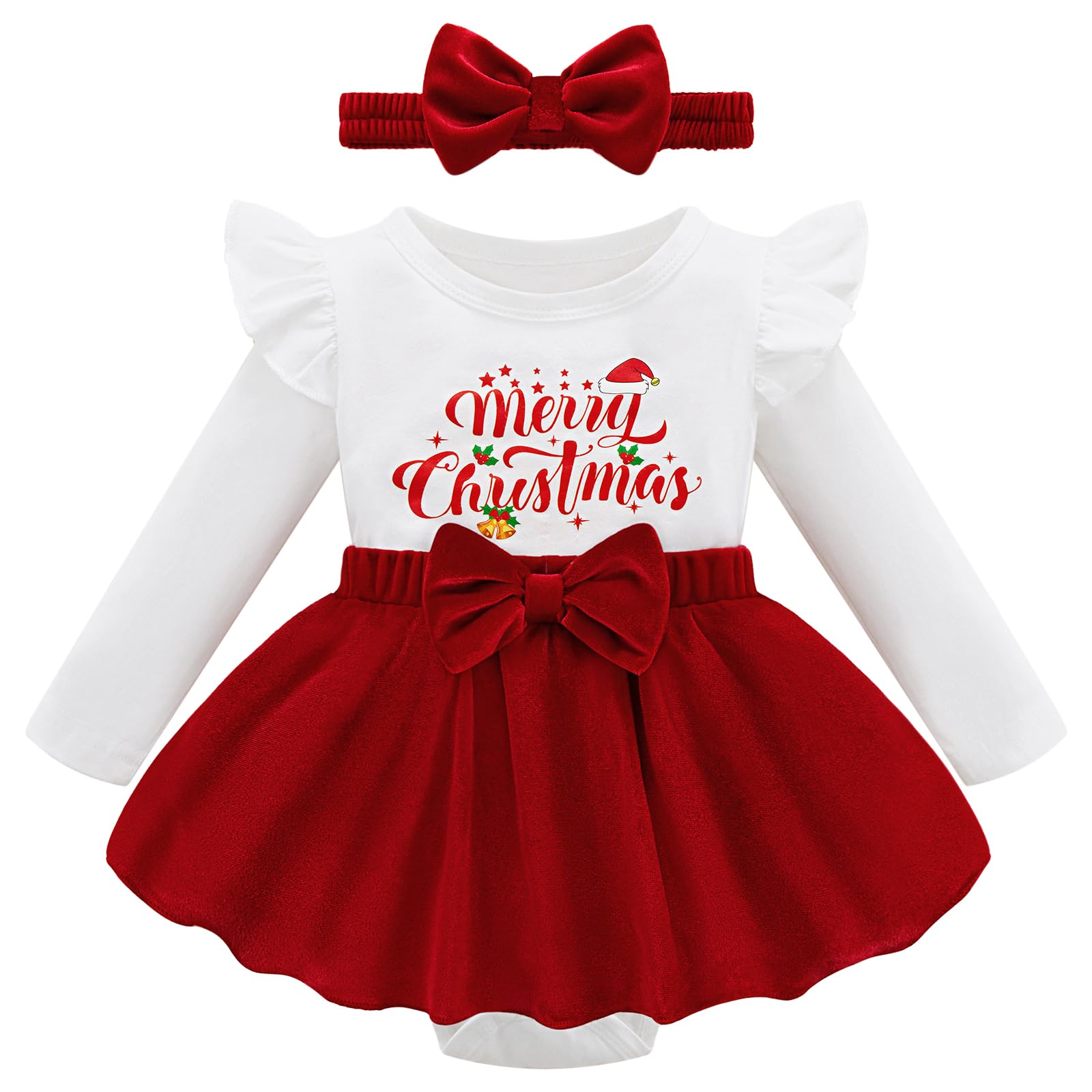 Ninobebe Newborn Baby Girl Christmas Outfit Infant Velvet Ruffle Long Sleeve Romper Dress + Headband Clothes Set 6-12 Months