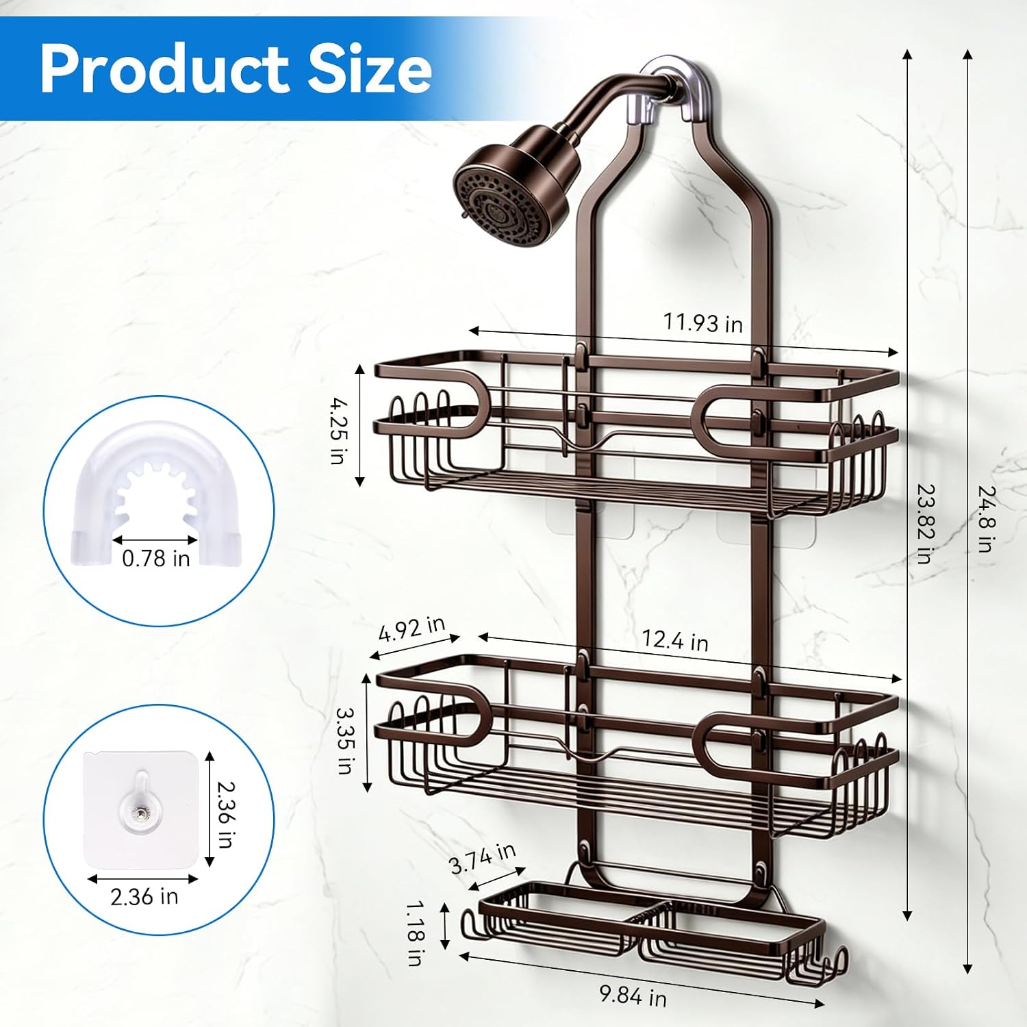 Shower Caddy Hanging, Over Head Shower Caddy Shower Storage Rack Basket with Hooks for Razor and Sponge Rustproof, No Drilling, Accessories for Bathroom and Kitchen, Bronze