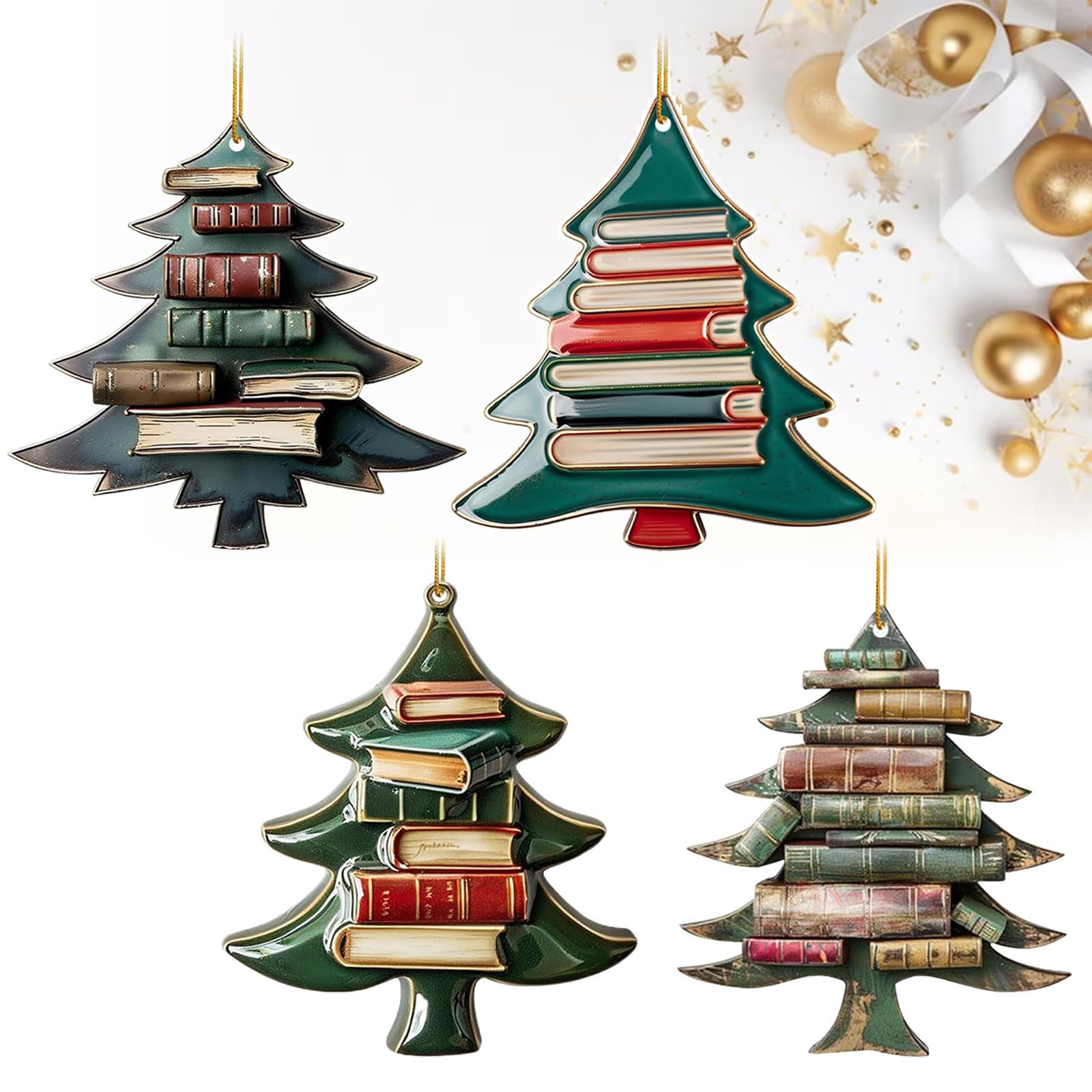 Double Sided Book Ornaments for Christmas Tree Hanging Set of 4 - Acrylic 2D Christmas Tree Shape Green Book Ornament Christmas Decorations - Gifts for Book Lovers Xmas Indoor Decorations (4 Pcs)