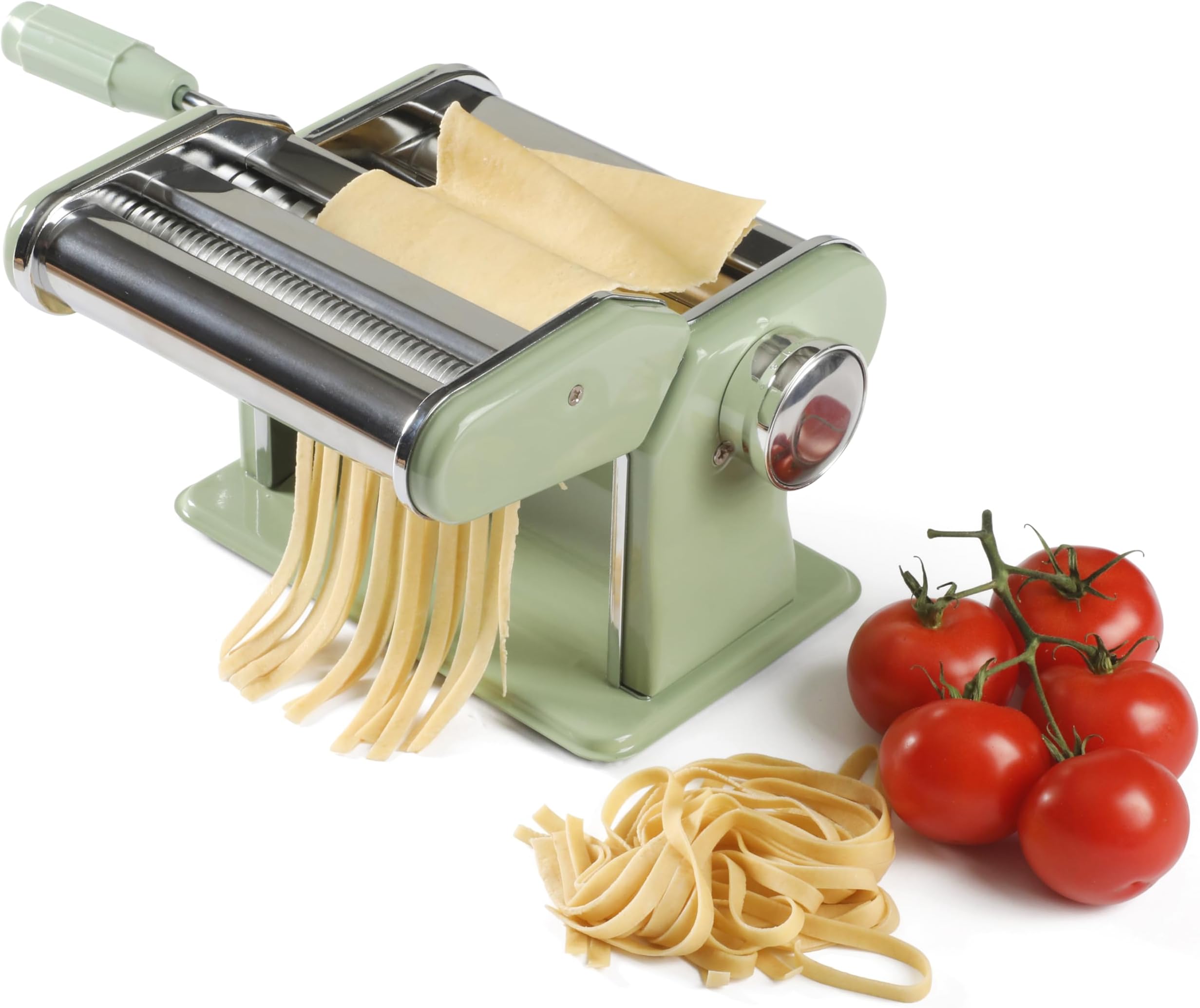 Kitchen Essential Va Bene Manual Pasta Maker Machine Noodle Maker w/Rollers & Cutters - Spaghetti, Fettuccini, Lasagna or Dumpling Skin - Stainless Steel/Juniper Green