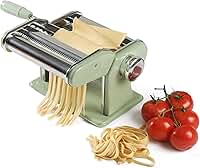 Sur La Table Kitchen Essential Pasta La Vista Máquina de fazer macarrão manual com rolos e cortadores - Espaguete, Fettuccini, Lasanha ou Bolinho de Massa - Aço Inoxidável/Verde zimbro