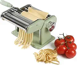 Sur La Table Kitchen Essential Pasta La Vista Máquina de fazer macarrão manual com rolos e cortadores - Espaguete, Fettuccini, Lasanha ou Bolinho de Massa - Aço Inoxidável/Verde zimbro
