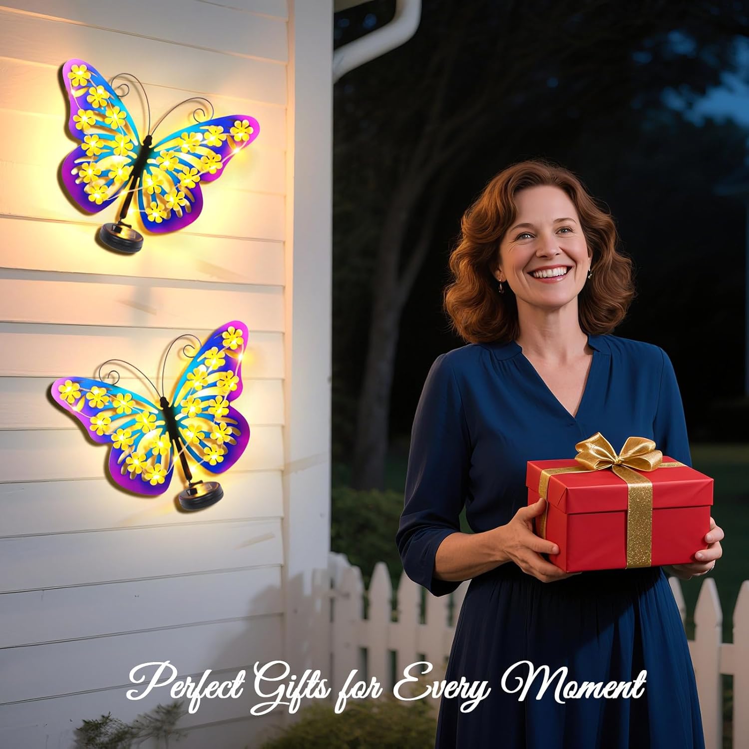 2 Pack Solar Lights Outdoor Metal Butterfly Wall Decor with 30 Led-13.5" Outdoor Fence Wall Art Decor, Gifts for Women Mom Grandma,Hanging Decoration for Garden Patio Porch Yard,Xmas Gifts for Women