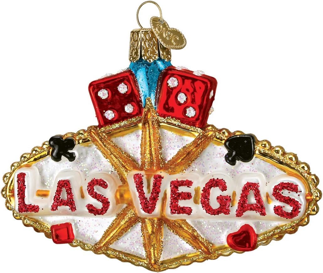 Old World Christmas Las Vegas Sign Glass Blown Ornament for Christmas Tree, Handcrafted Holiday Decoration, Gamble Collection