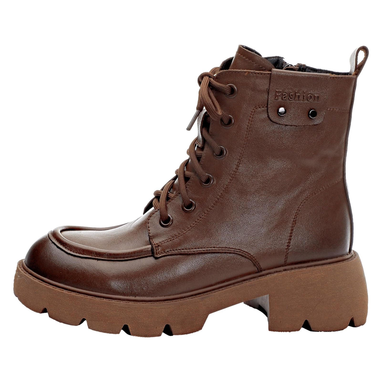 rismart Femmes Lacets Bottines à chevilles avec Zip Talon Grossier Bout Rond Cuir Bottes de Combat