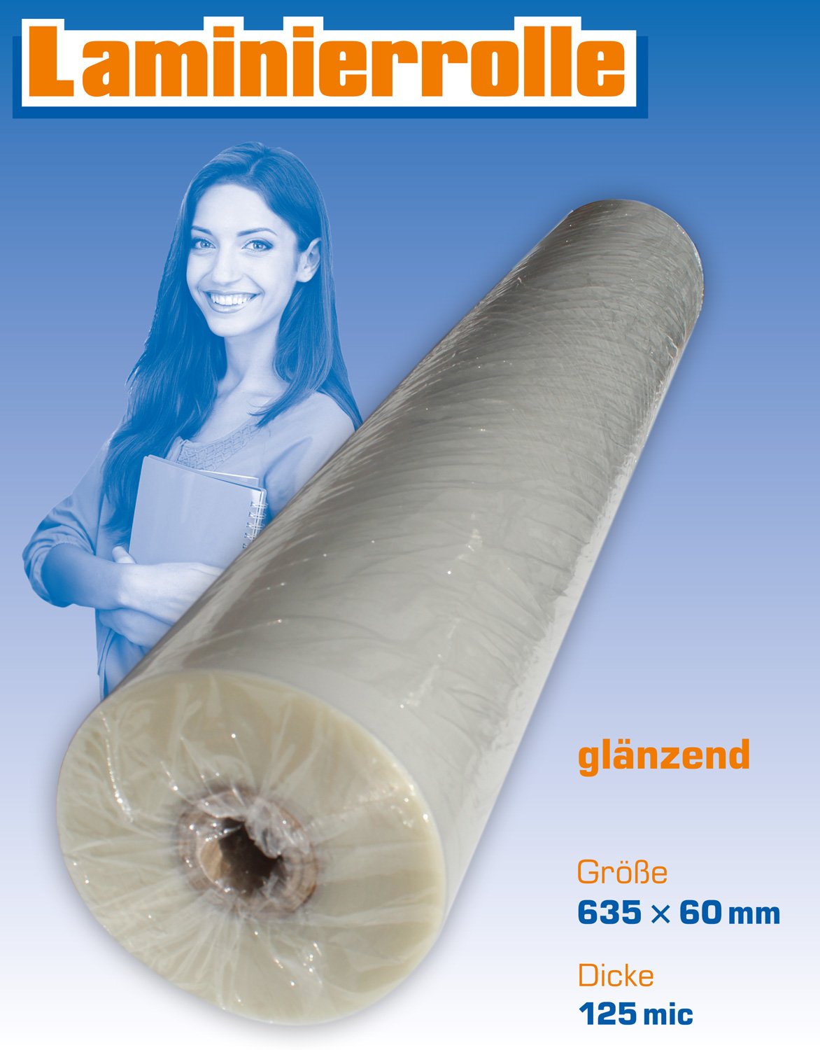 Laminierfolie für Großformat-Laminierungen, Laminierrolle 63,5 cm x 60 m, 125 mic, 25 mm Kern - geeignet für Heißlaminiergeräte