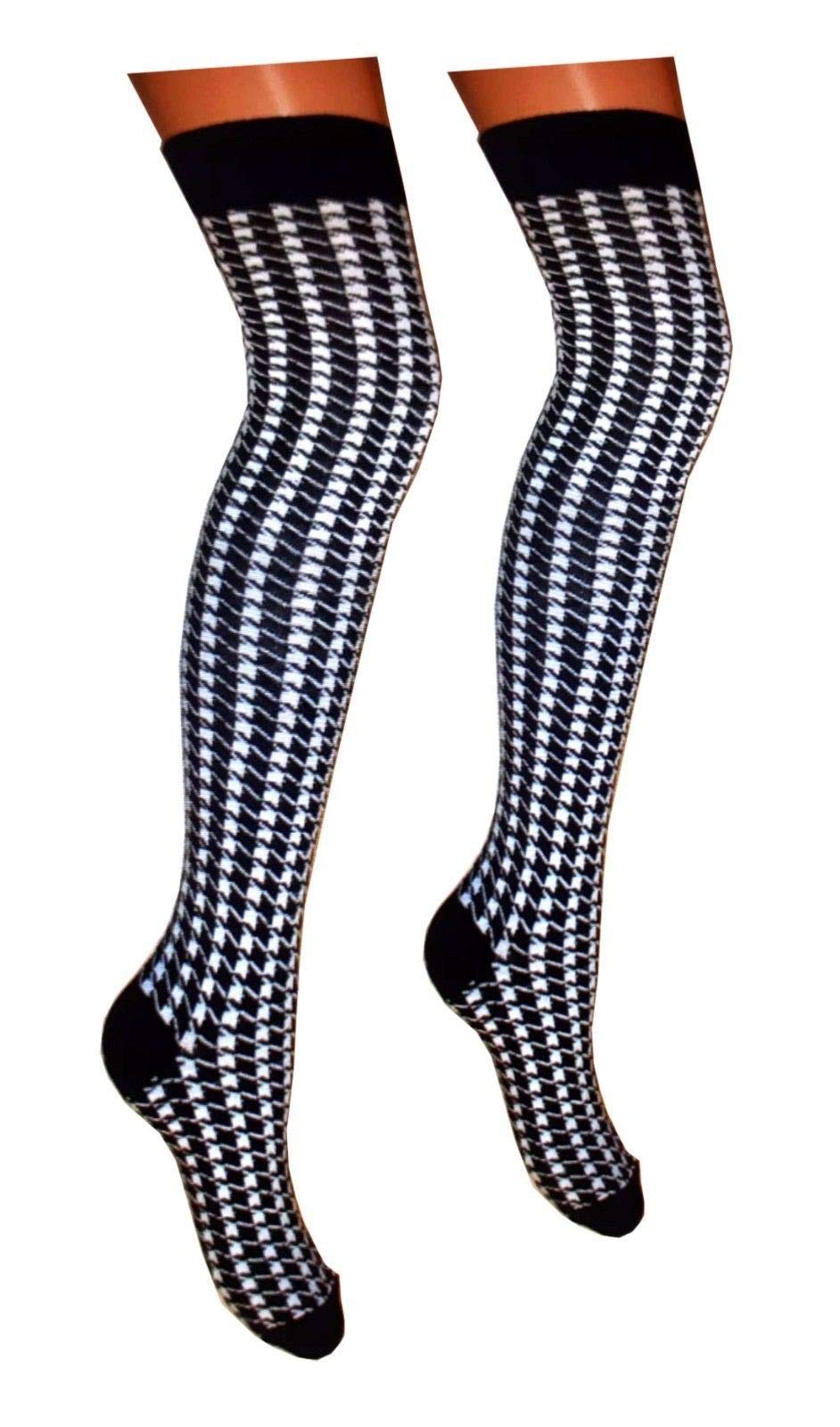 Womens Stripe Over The Knee High Socks Ladies Printed Fancy OTK Casual Socks Dogtooth Print 1 Pack