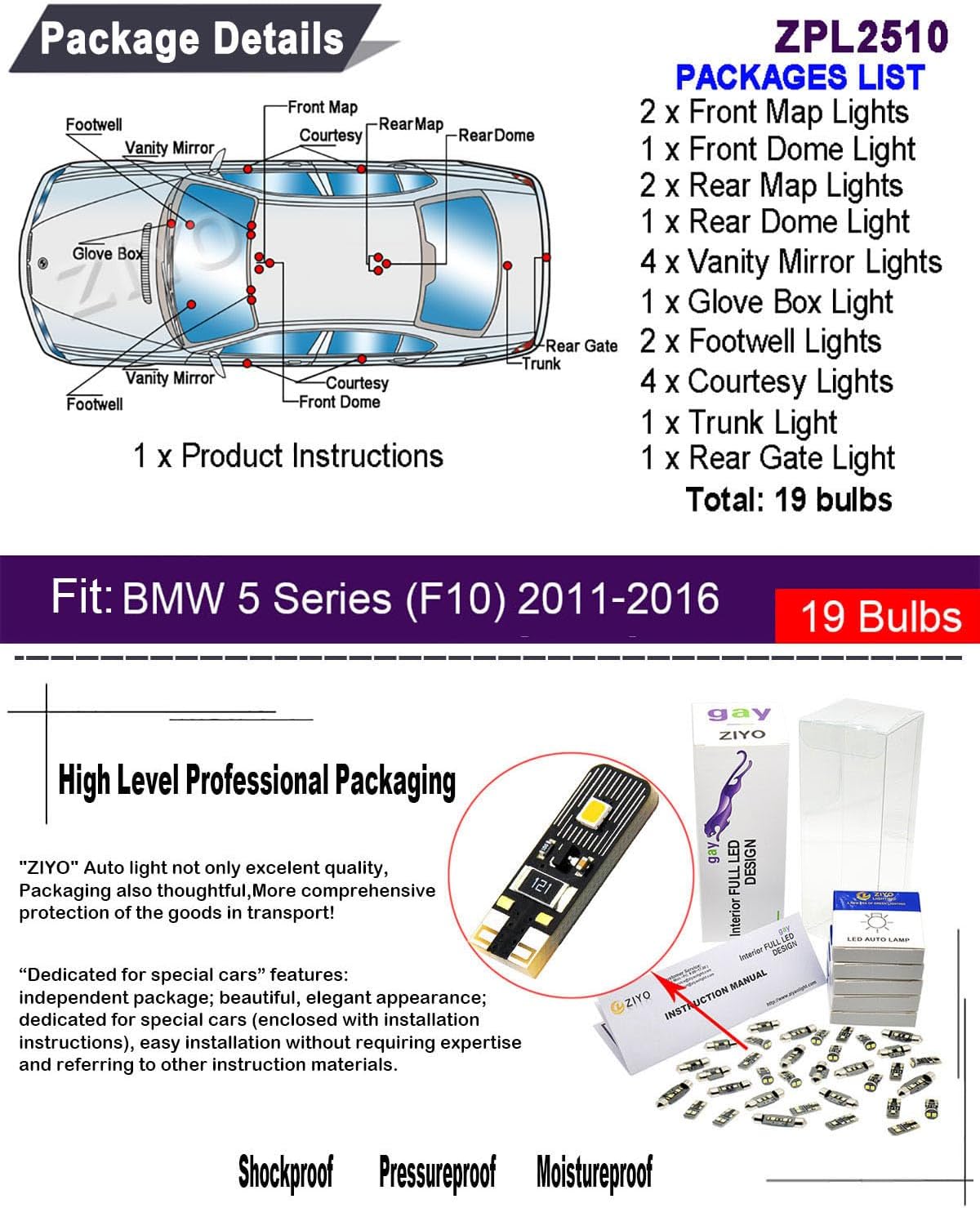ZIYO LED Interior Light Kit Replacement for BMW 5 Series 2004-2016, 6000K Xenon White Dome Light Bulbs Upgrade Error Free (F10 Sedan 2011-2016 (19 Bulbs))