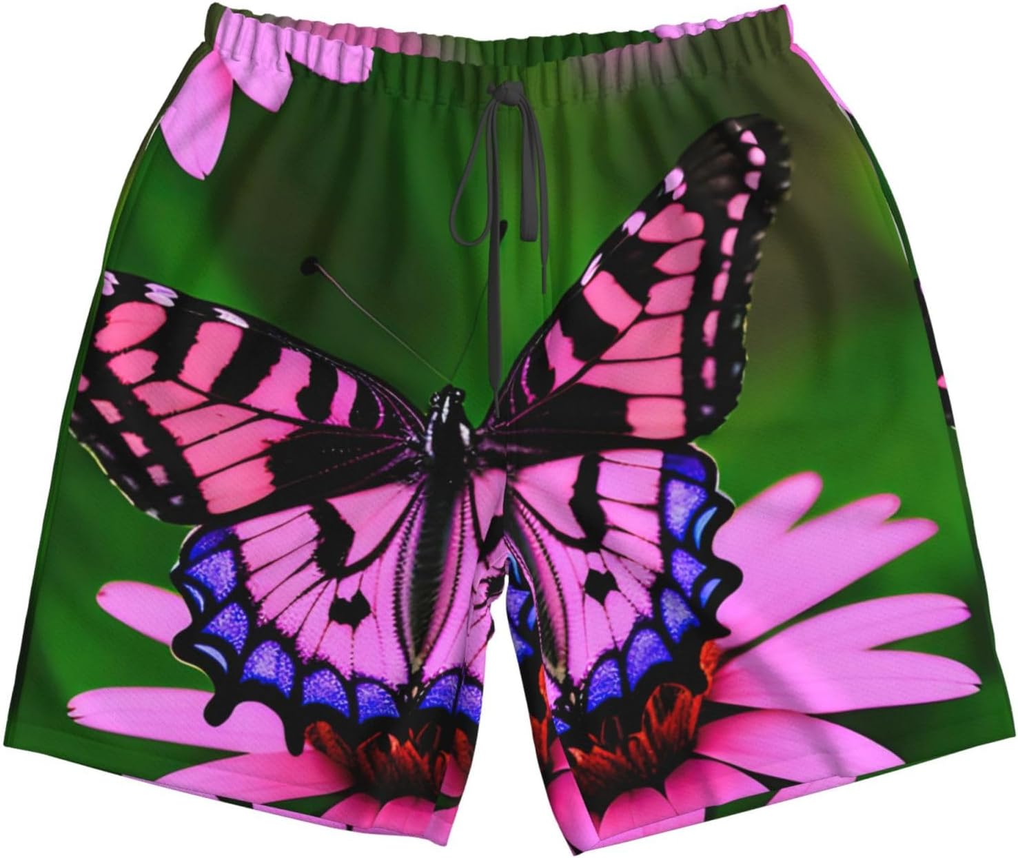 Mens Pink Flower Purple Butterfly Print Beach Shorts,Casual Summer Shorts for Men,Quick Dry Polyester