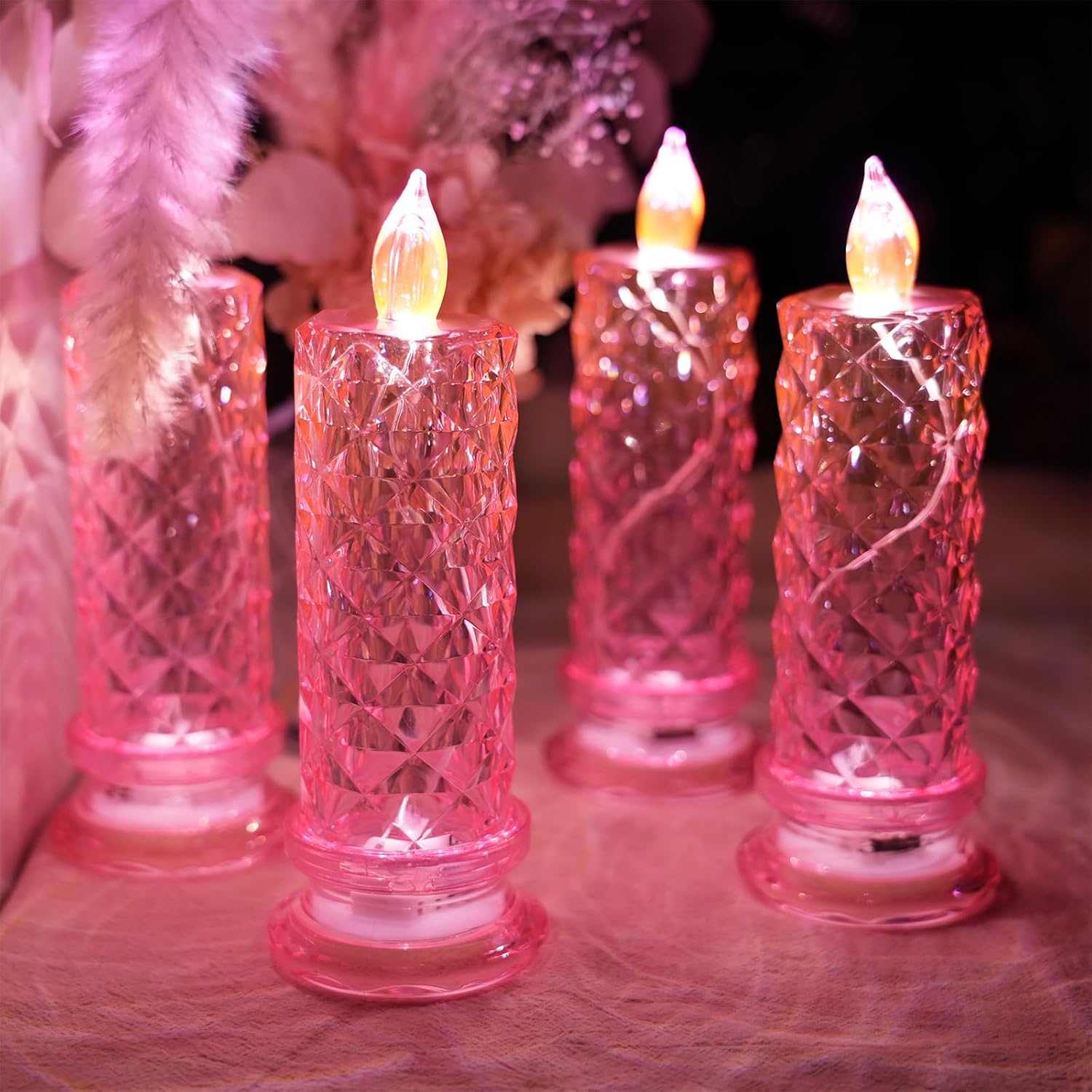 Rose Shadow LED Flameless Candles, 4PCS Romantic Battery Operated Candles Led Pillar Candles for Valentines Romantic Propose Anniversary Wedding Decorations(Pink, D 2.5 x H 7.2)