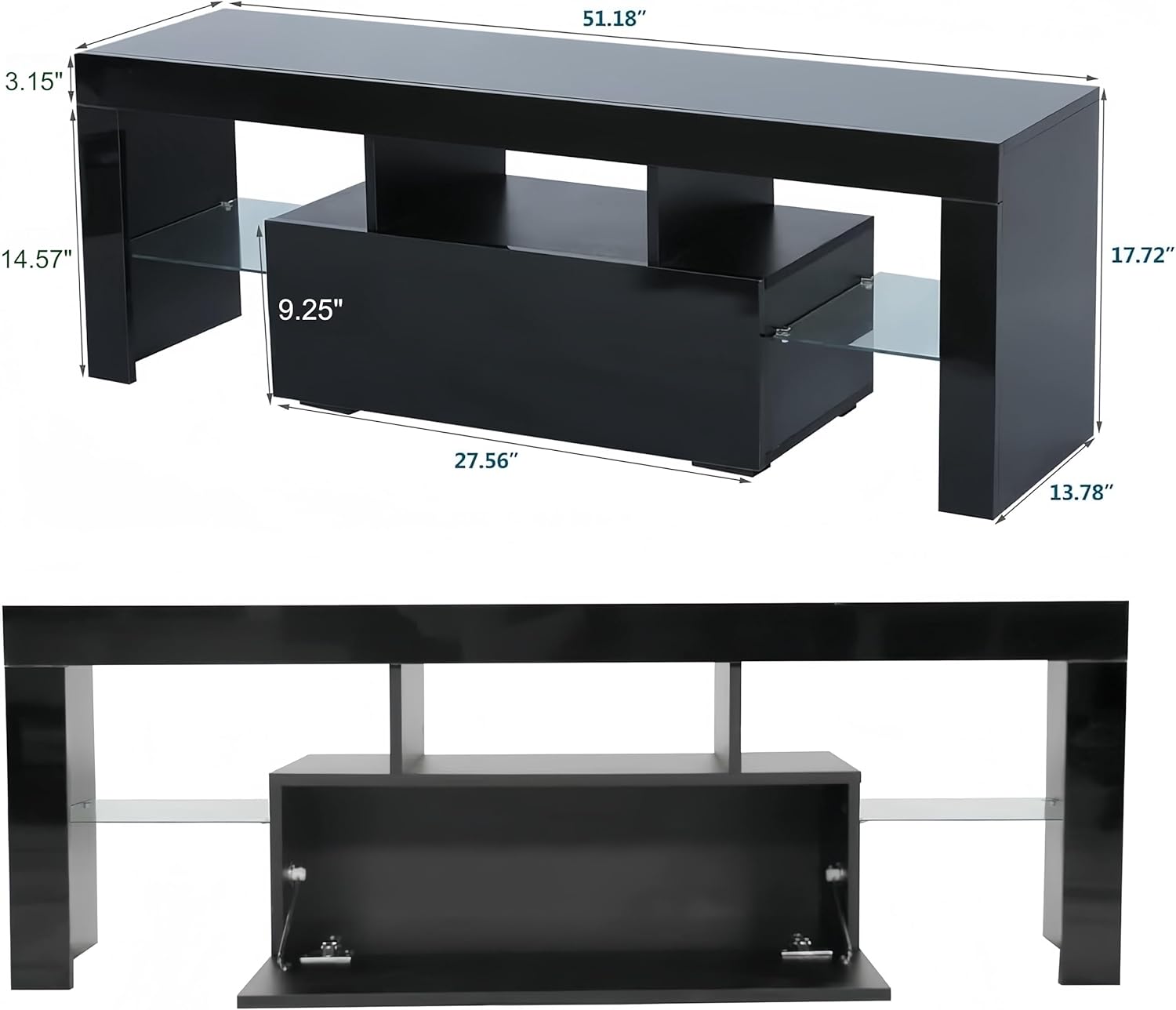 Black LED TV Stand for Televisions up to 55 Inchs, Modern Entertainment Center with LED Lights and Glass Shelves, TV Stands for Living Room, Bedroom (Black)