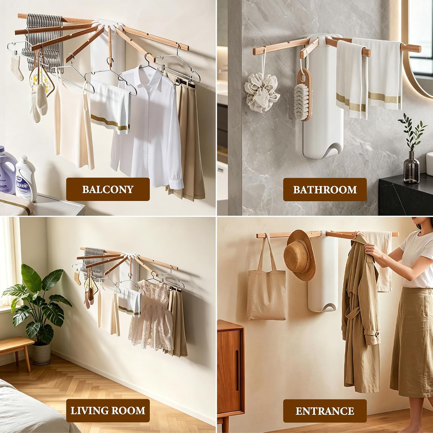 Foldable Tripod Clothes Drying Rack, Portable Space Saving Laundry Drying Rack, Sturdy Beech Wood Garment Dryer Hanger for Indoor Outdoor Balcony (Wall -Mounted Drying Rack)