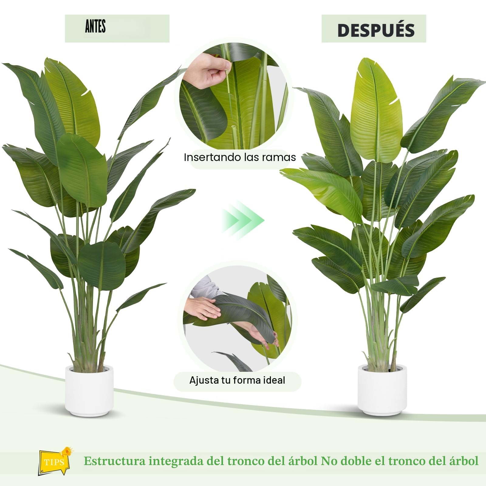 Planta Artificial Ave del Paraíso 200cm Plantas Artificiales Decorativas con 15 Hojas de Plátano,Planta Artificial Grande Interior con Maceta Blanca para Decoracion Hogar Salon Casa Room Decor